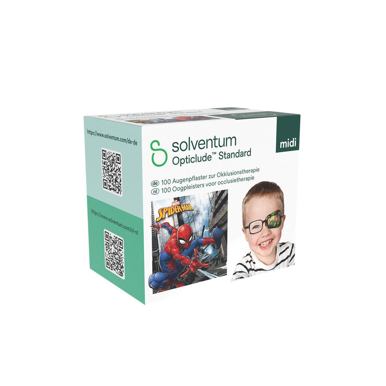 Solventum™ Opticlude™ Standard Eye Patches for Occlusion Therapy, 2538M D PB-100, Midi, 5,3 cm x 7 cm, 100/CAR - Front, Left, In Packaging (1L1)
