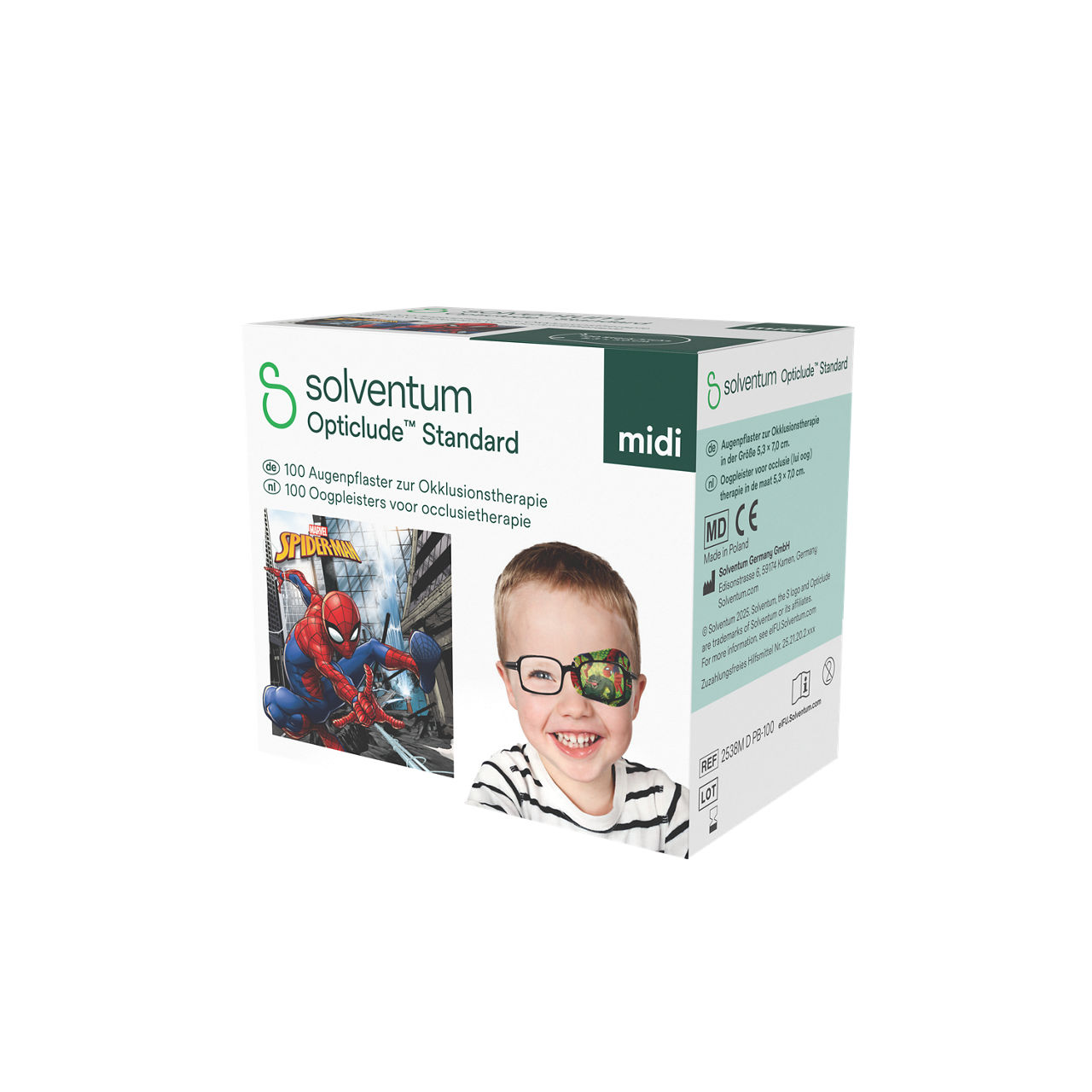 Solventum™ Opticlude™ Standard Eye Patches for Occlusion Therapy, 2538M D PB-100, Midi, 5,3 cm x 7 cm, 100/CAR - Front, Right, In Packaging (1R1)