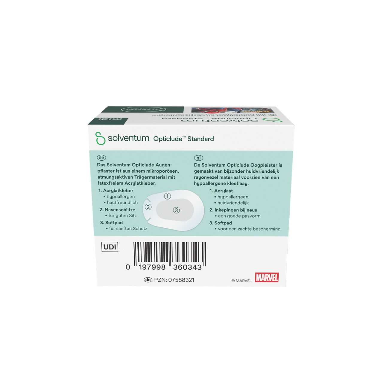 Solventum™ Opticlude™ Standard Eye Patches for Occlusion Therapy, 2538M D PB-100, Midi, 5,3 cm x 7 cm, 100/CAR - Back, Center, In Packaging (7C1)