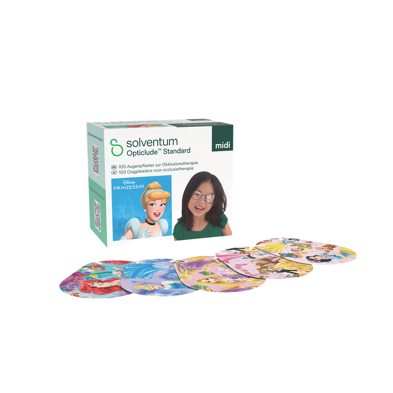 Solventum™ Opticlude™ Standard Eye Patches for Occlusion Therapy, 2538M D PG-100, Midi, 5,3 cm x 7 cm, 100/CAR - Front, Left, In and Out of Packaging (1L10)