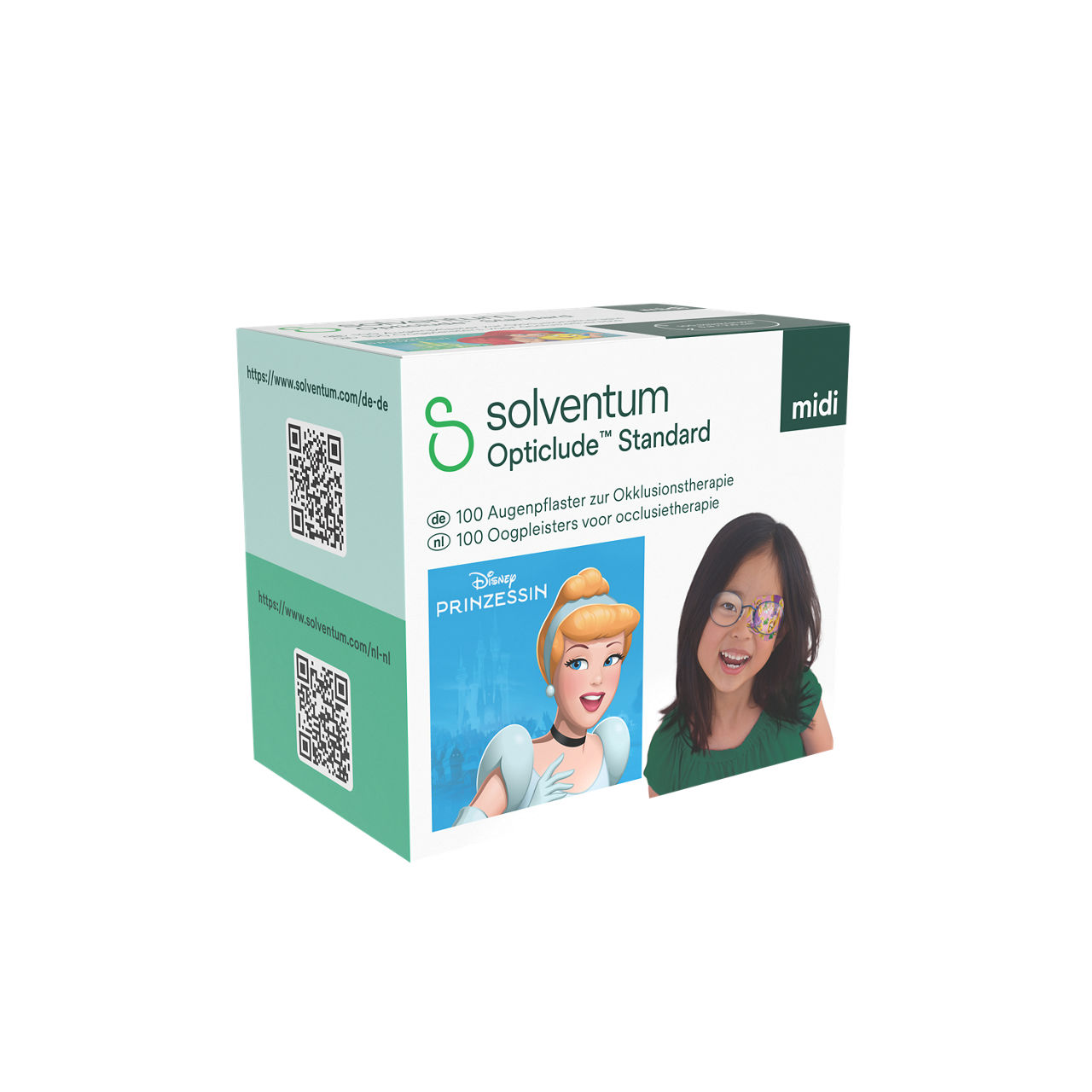 Solventum™ Opticlude™ Standard Eye Patches for Occlusion Therapy, 2538M D PG-100, Midi, 5,3 cm x 7 cm, 100/CAR - Front, Left, In Packaging (1L1)