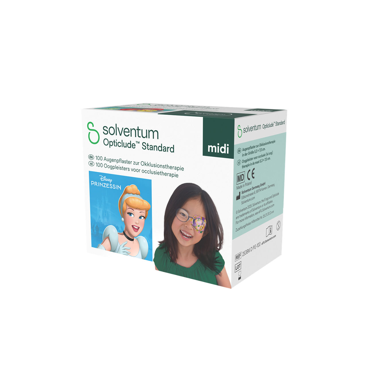 Solventum™ Opticlude™ Standard Eye Patches for Occlusion Therapy, 2538M D PG-100, Midi, 5,3 cm x 7 cm, 100/CAR - Front, Right, In Packaging (1R1)
