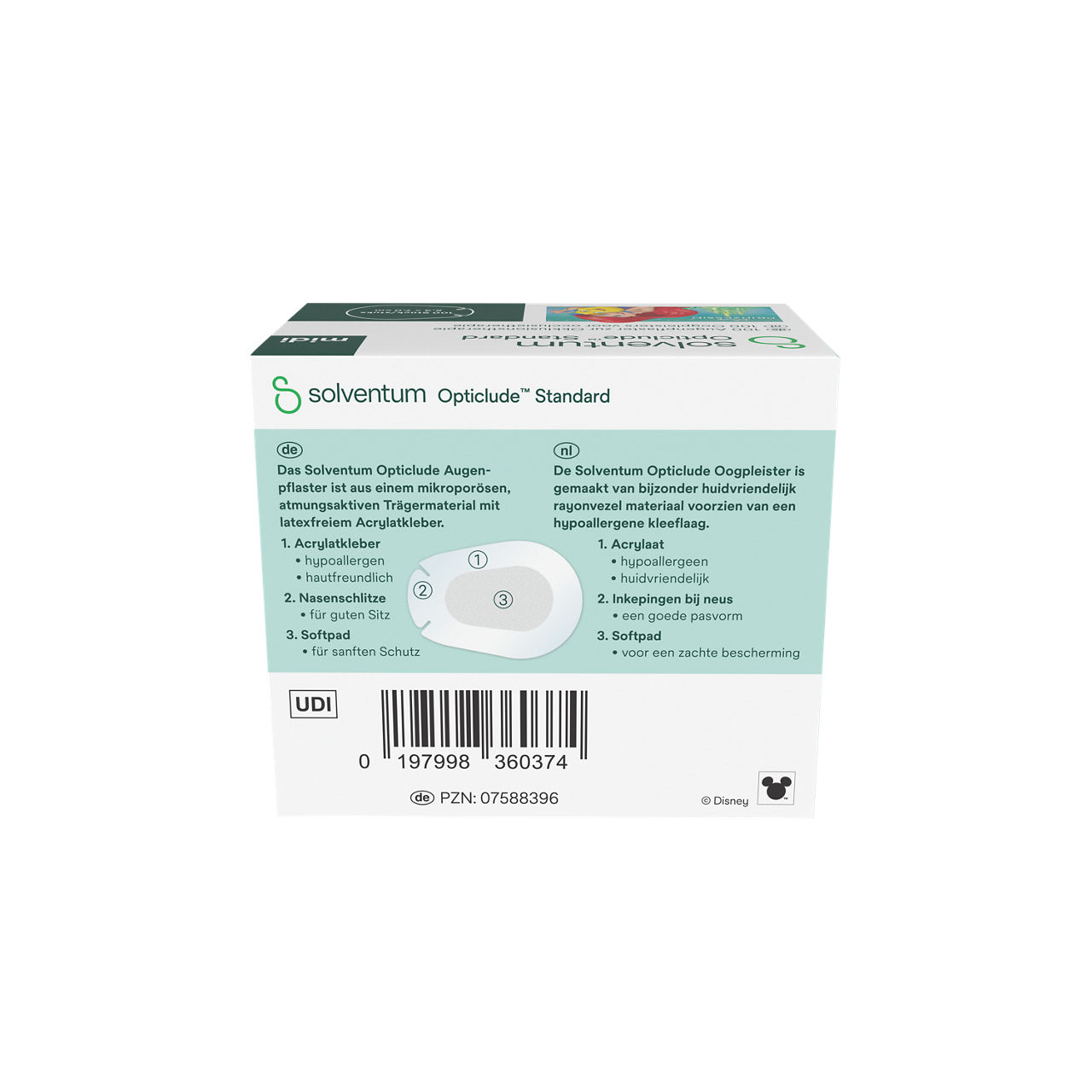 Solventum™ Opticlude™ Standard Eye Patches for Occlusion Therapy, 2538M D PG-100, Midi, 5,3 cm x 7 cm, 100/CAR - Back, Center, In Packaging (7C1)