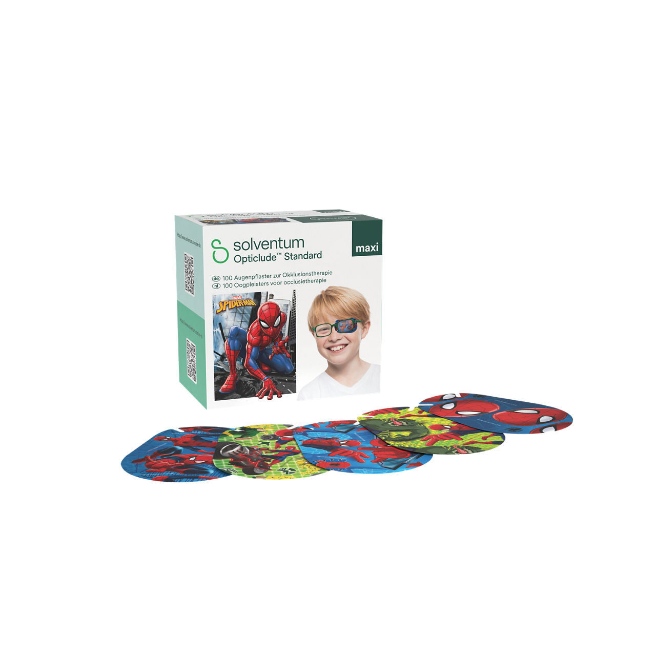 Solventum™ Opticlude™ Standard Eye Patches for Occlusion Therapy, 2539M D PB-100, Maxi, 5,7 cm x 8 cm, 100/CAR - Front, Left, In and Out of Packaging (1L10)
