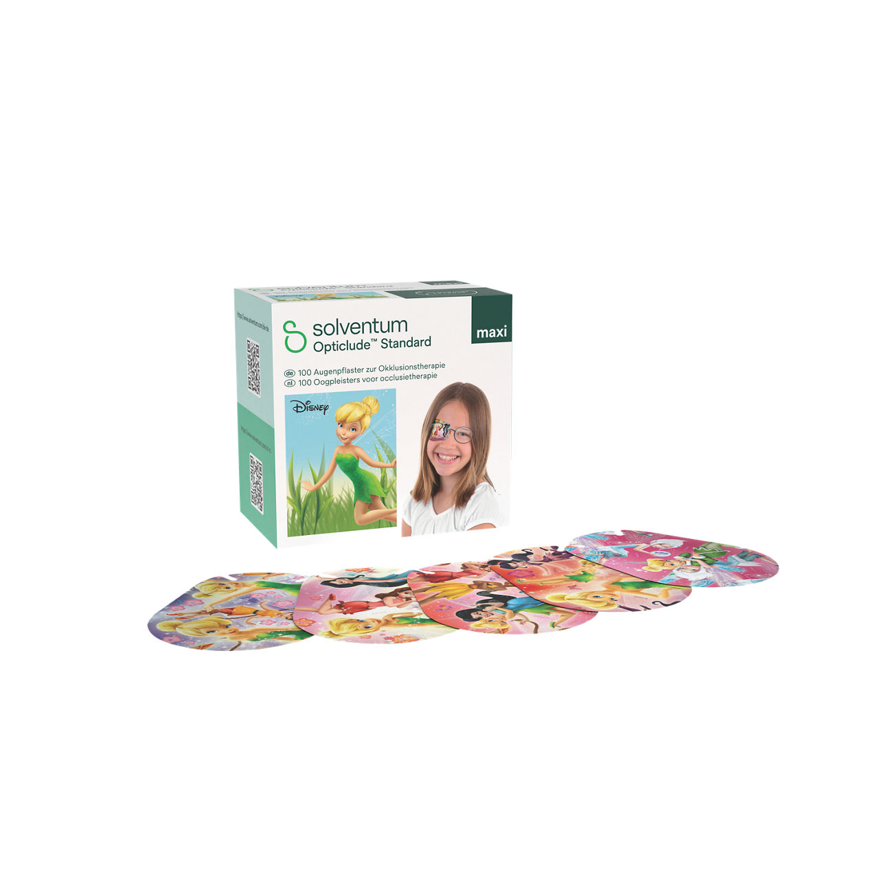 Solventum™ Opticlude™ Standard Eye Patches for Occlusion Therapy, 2539M D PG-100, Maxi, 5,7 cm x 8 cm, 100/CAR - Front, Left, In and Out of Packaging (1L10)