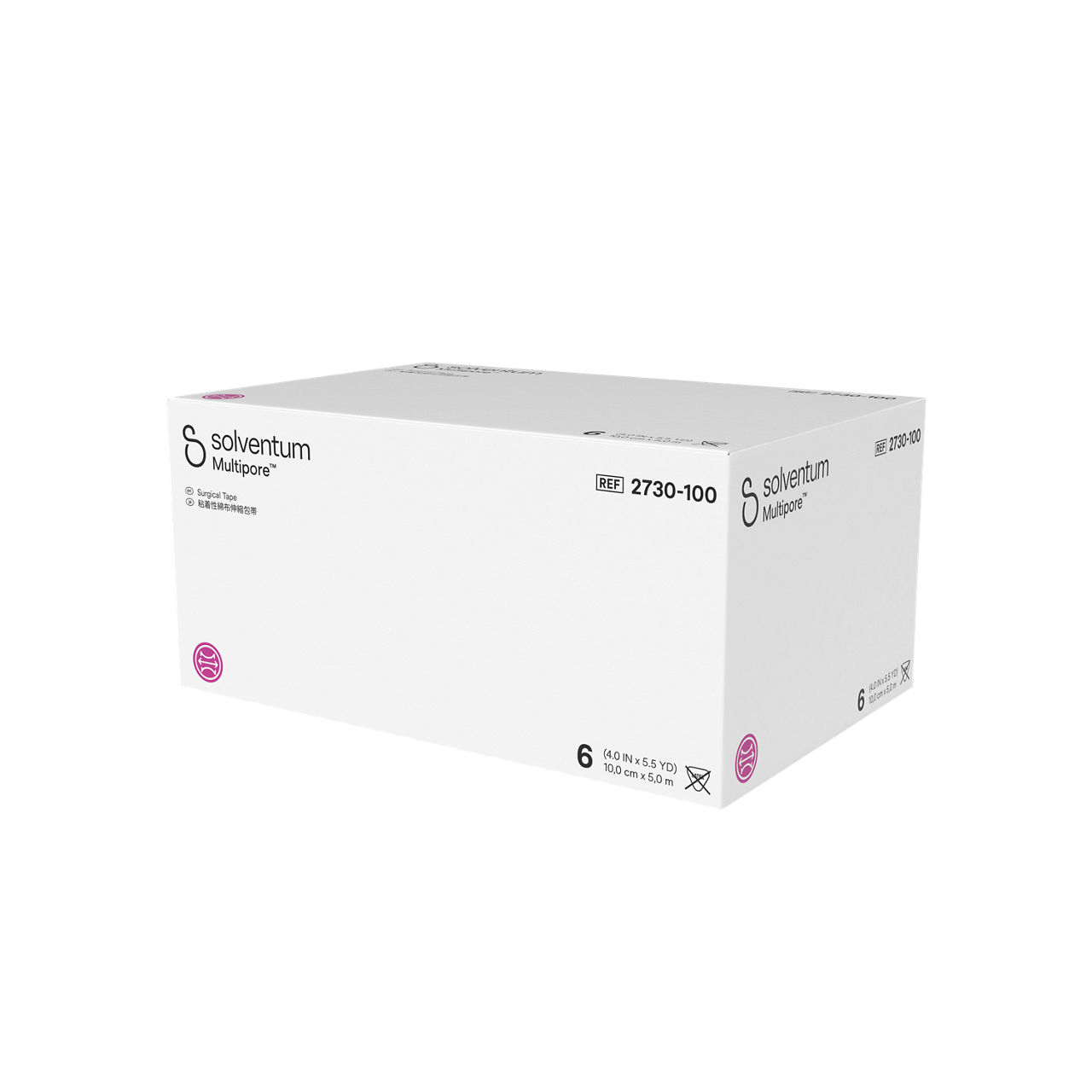 Solventum™ Multipore™ Surgical Tape, 2730-100, 4 in x 5.5 yd (100 mm x 5m), 6/CAR, 4 CAR/CS, 24/CS - Front, Right, In Packaging (1R1)