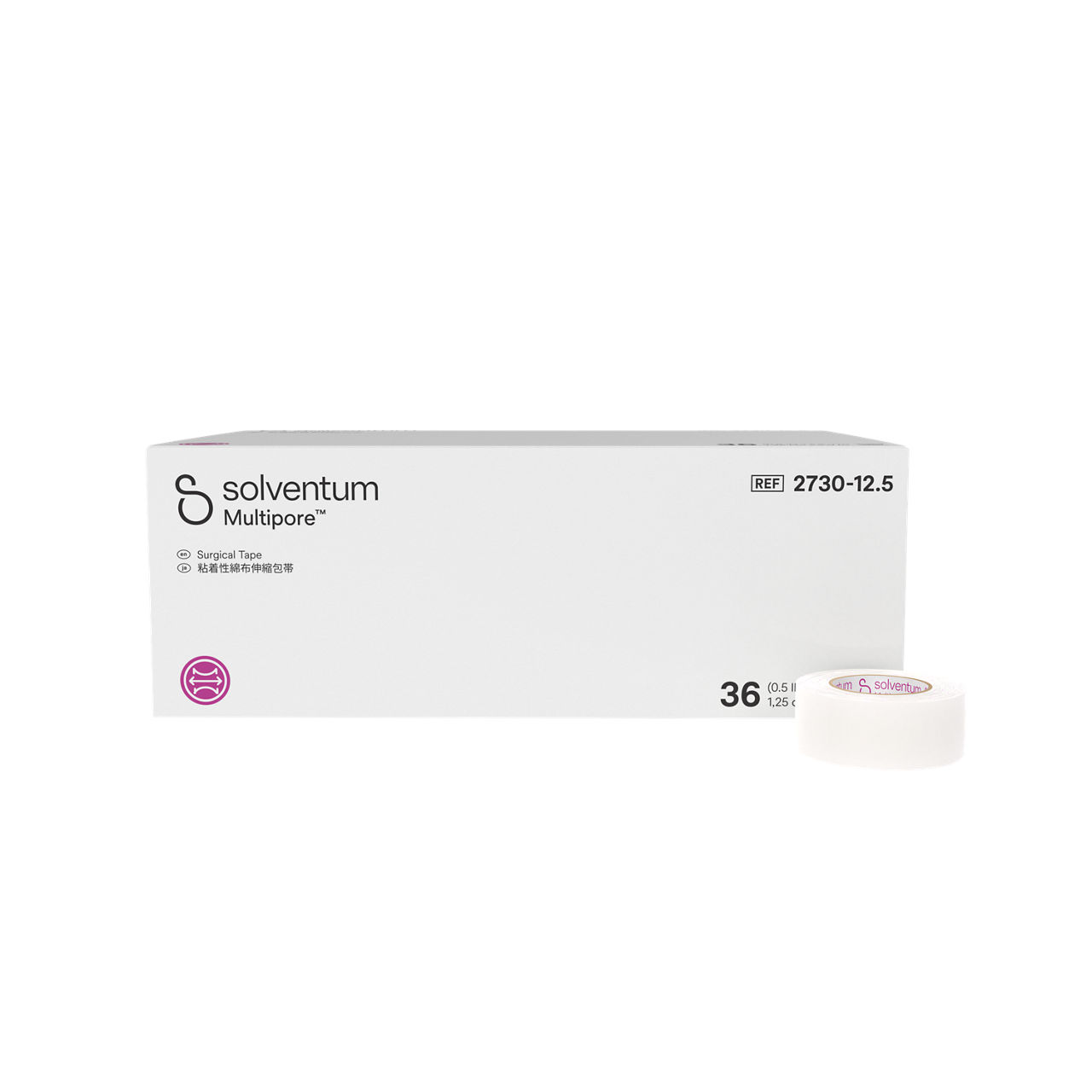 Solventum™ Multipore™ Surgical Tape, 2730-12.5, 0.5 in x 5.5 yd (12.5 mm x 5 m), 36/CAR, 4 CAR/CS, 144/CS - Front, Center, In and Out of Packaging (1C10)