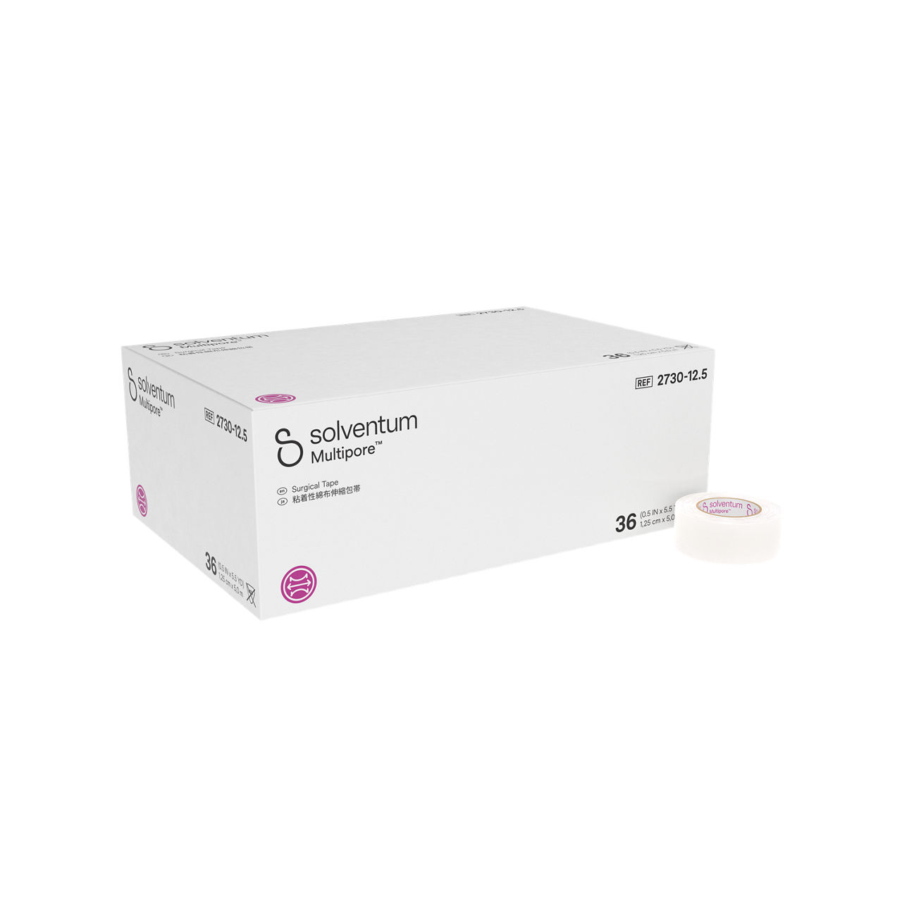 Solventum™ Multipore™ Surgical Tape, 2730-12.5, 0.5 in x 5.5 yd (12.5 mm x 5 m), 36/CAR, 4 CAR/CS, 144/CS - Front, Left, In and Out of Packaging (1L10)