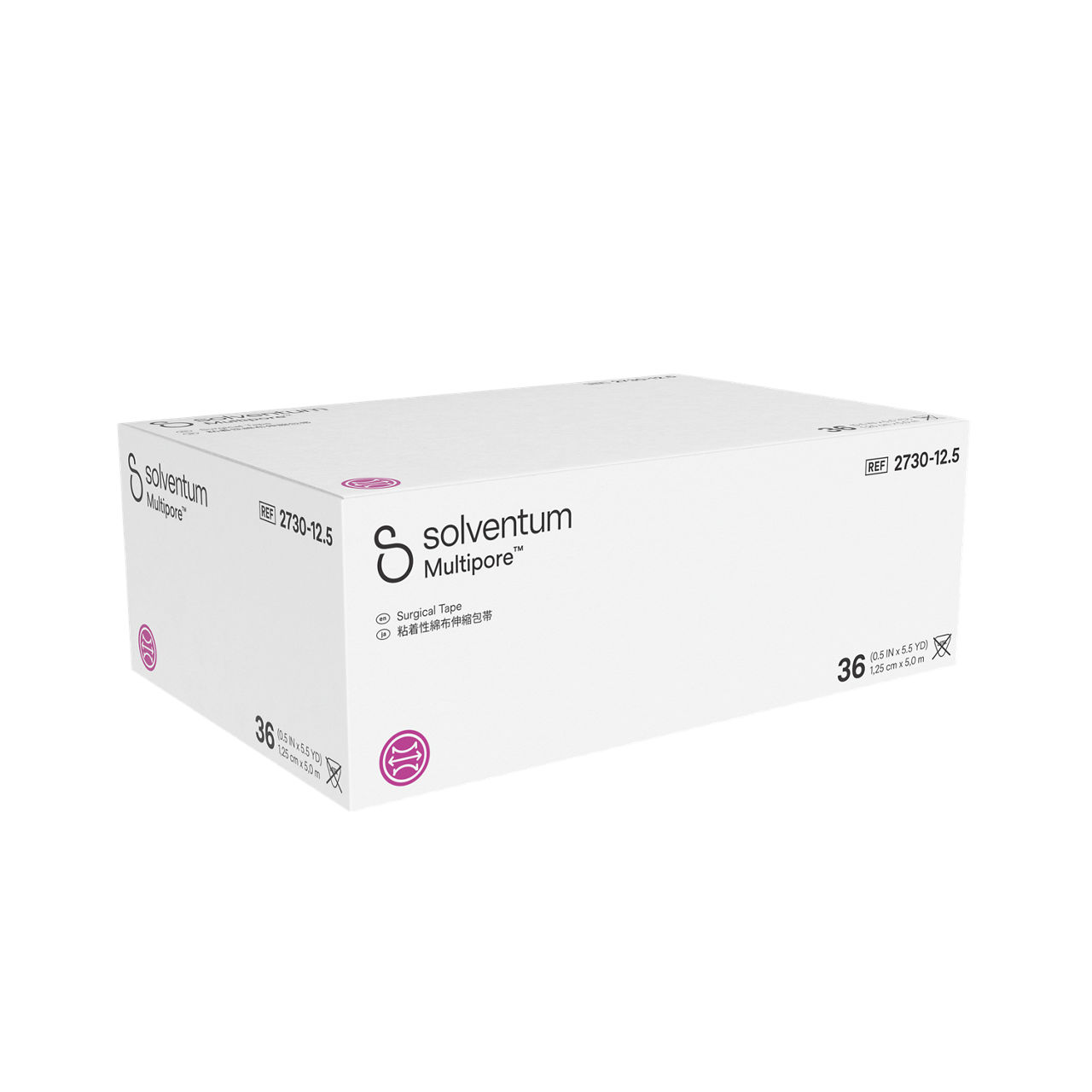 Solventum™ Multipore™ Surgical Tape, 2730-12.5, 0.5 in x 5.5 yd (12.5 mm x 5 m), 36/CAR, 4 CAR/CS, 144/CS - Front, Left, In Packaging (1L1)