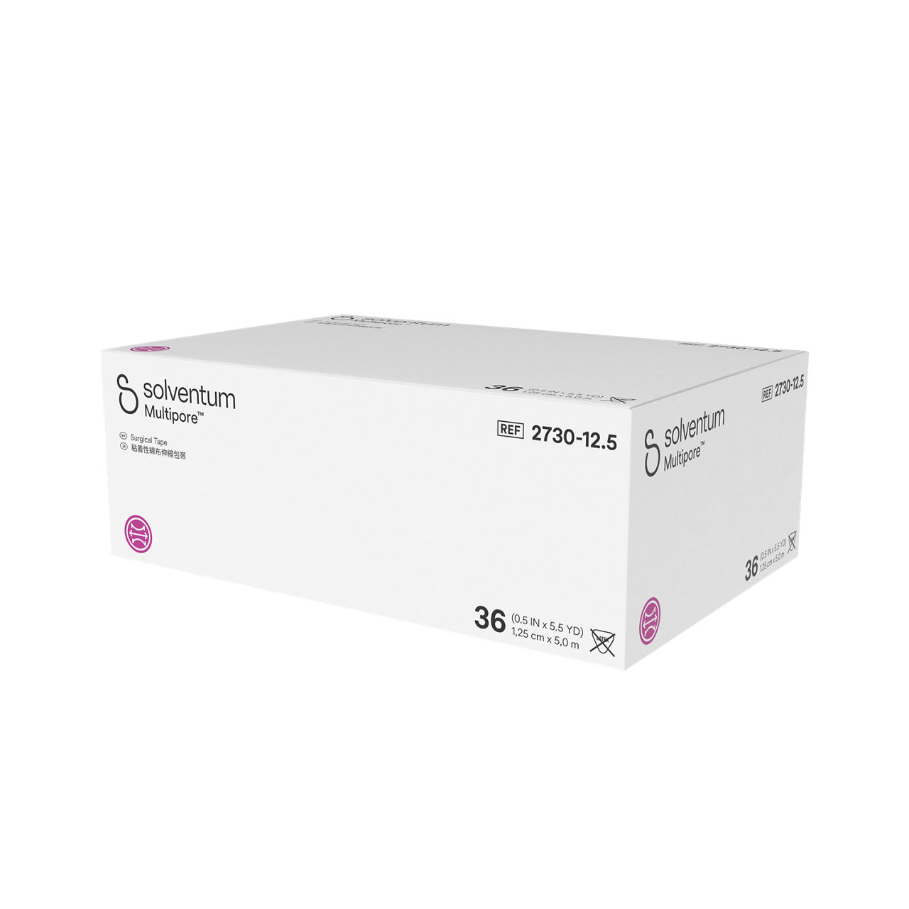 Solventum™ Multipore™ Surgical Tape, 2730-12.5, 0.5 in x 5.5 yd (12.5 mm x 5 m), 36/CAR, 4 CAR/CS, 144/CS - Front, Right, In Packaging (1R1)