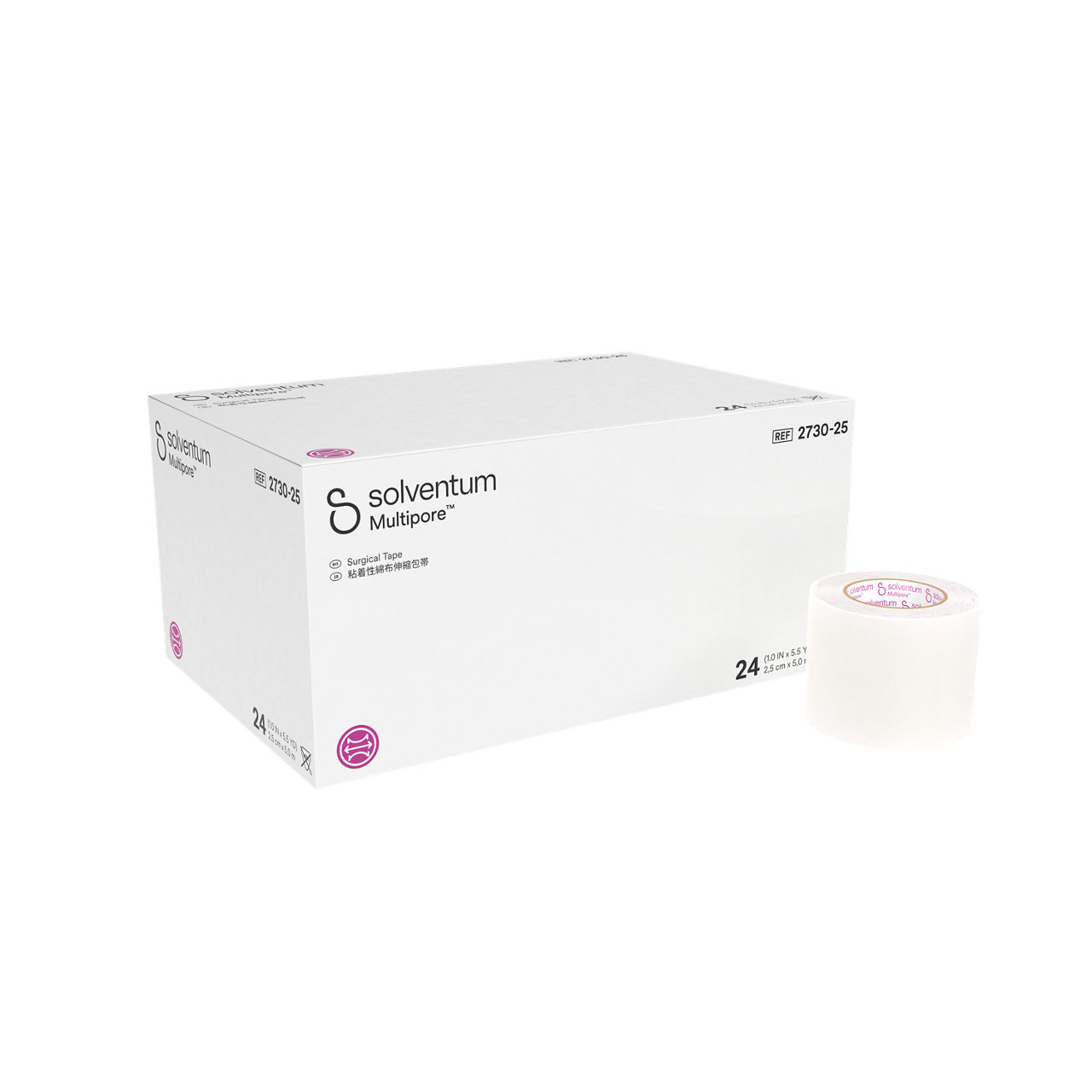 Solventum™ Multipore™ Surgical Tape, 2730-25, 1 in x 5.5 yd (25 mm x 5 m), 24/CAR, 4 CAR/CS, 96/CS - Front, Left, In and Out of Packaging (1L10)