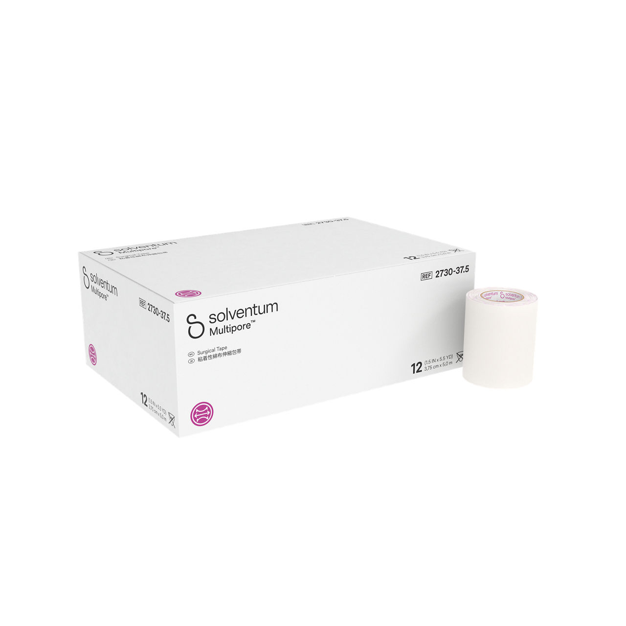 Solventum™ Multipore™ Surgical Tape, 2730-37.5, 1.5 in x 5.5 yd  (37.5mm x 5 m), 12/CAR, 4 CAR/CS, 48/CS - Front, Left, In and Out of Packaging (1L10)
