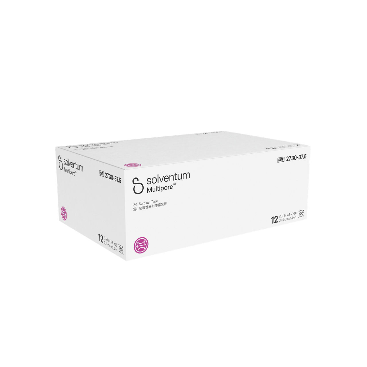 Solventum™ Multipore™ Surgical Tape, 2730-37.5, 1.5 in x 5.5 yd  (37.5mm x 5 m), 12/CAR, 4 CAR/CS, 48/CS - Front, Left, In Packaging (1L1)