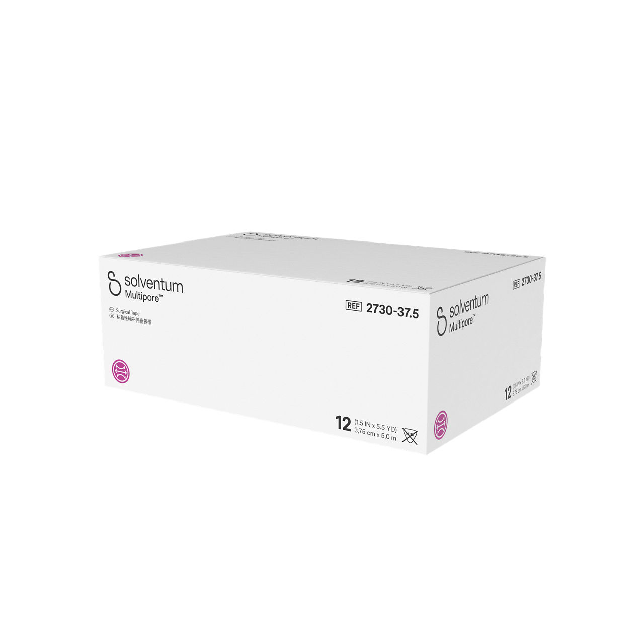Solventum™ Multipore™ Surgical Tape, 2730-37.5, 1.5 in x 5.5 yd  (37.5mm x 5 m), 12/CAR, 4 CAR/CS, 48/CS - Front, Right, In Packaging (1R1)