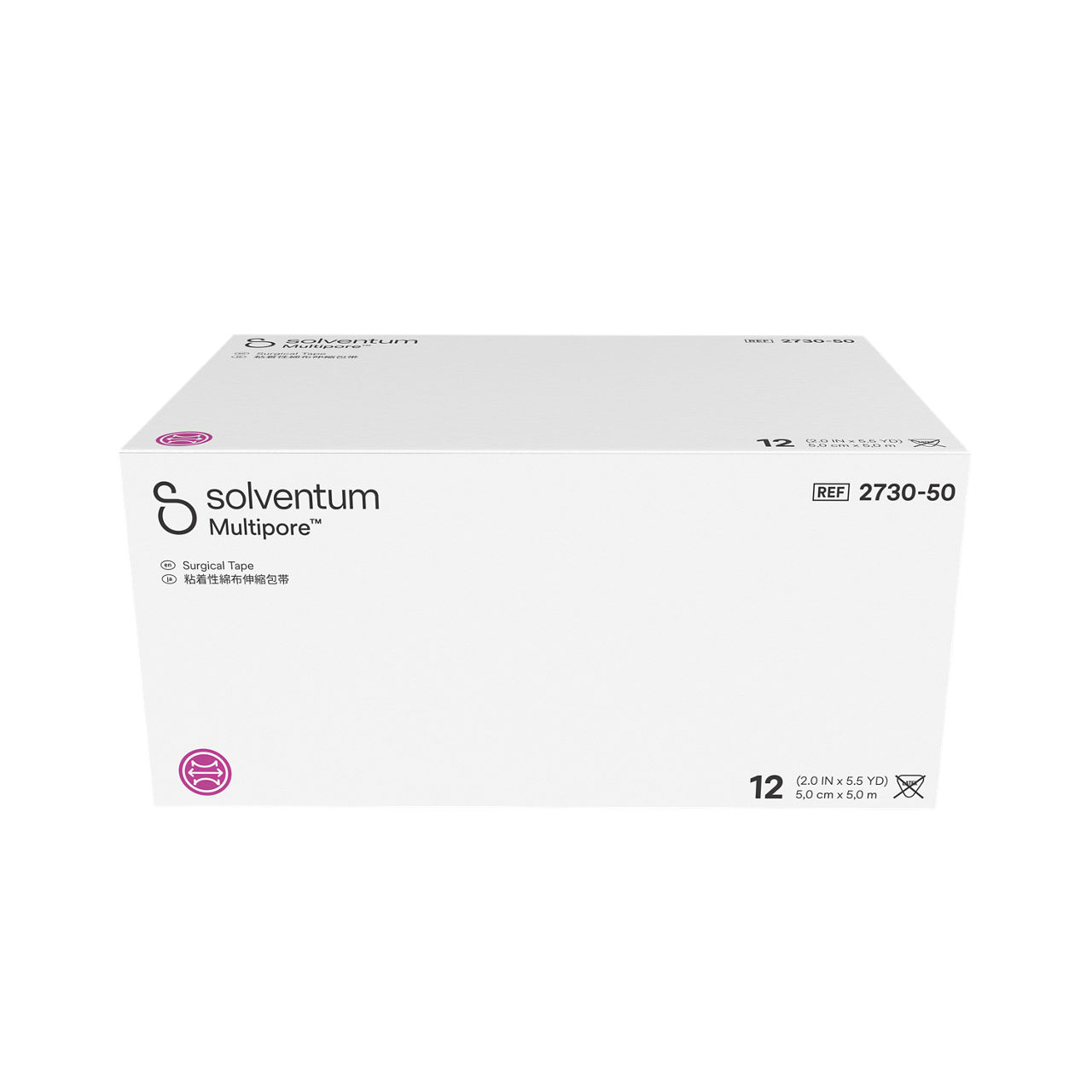 Solventum™ Multipore™ Surgical Tape, 2730-50, 2 in x 5.5 yd (50 mm x 5 m), 12/CAR, 4 CAR/CS, 48/CS - Front, Center, In Packaging (1C1)