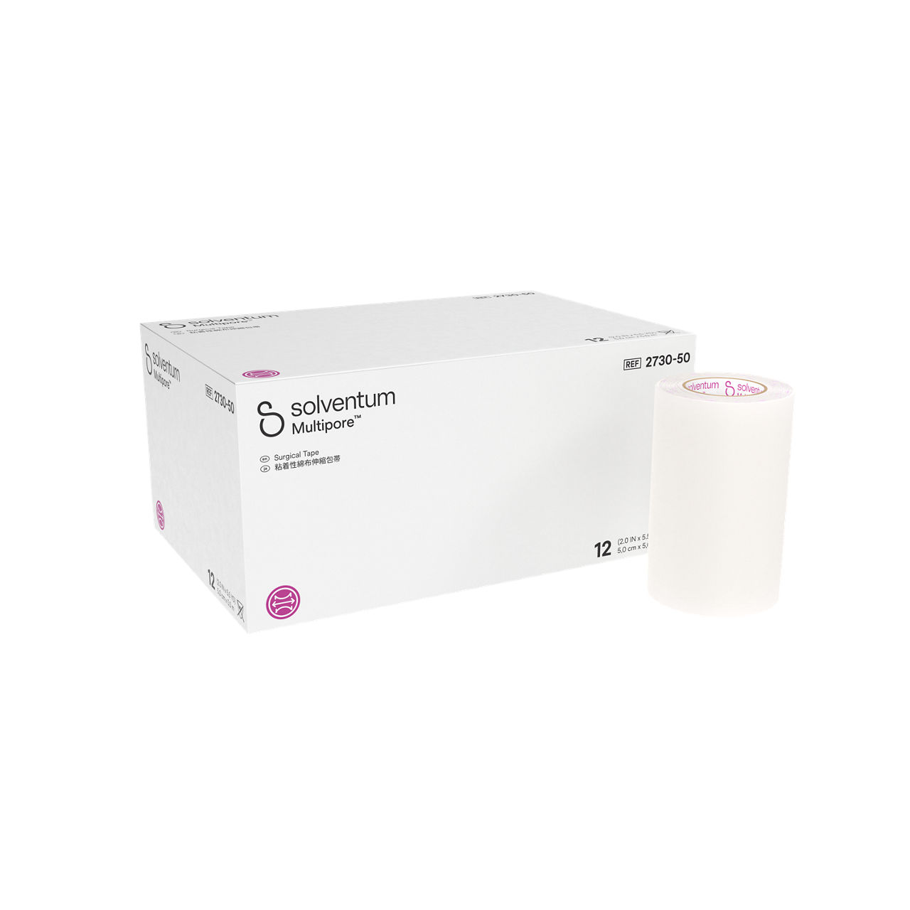 Solventum™ Multipore™ Surgical Tape, 2730-50, 2 in x 5.5 yd (50 mm x 5 m), 12/CAR, 4 CAR/CS, 48/CS - Front, Left, In and Out of Packaging (1L10)