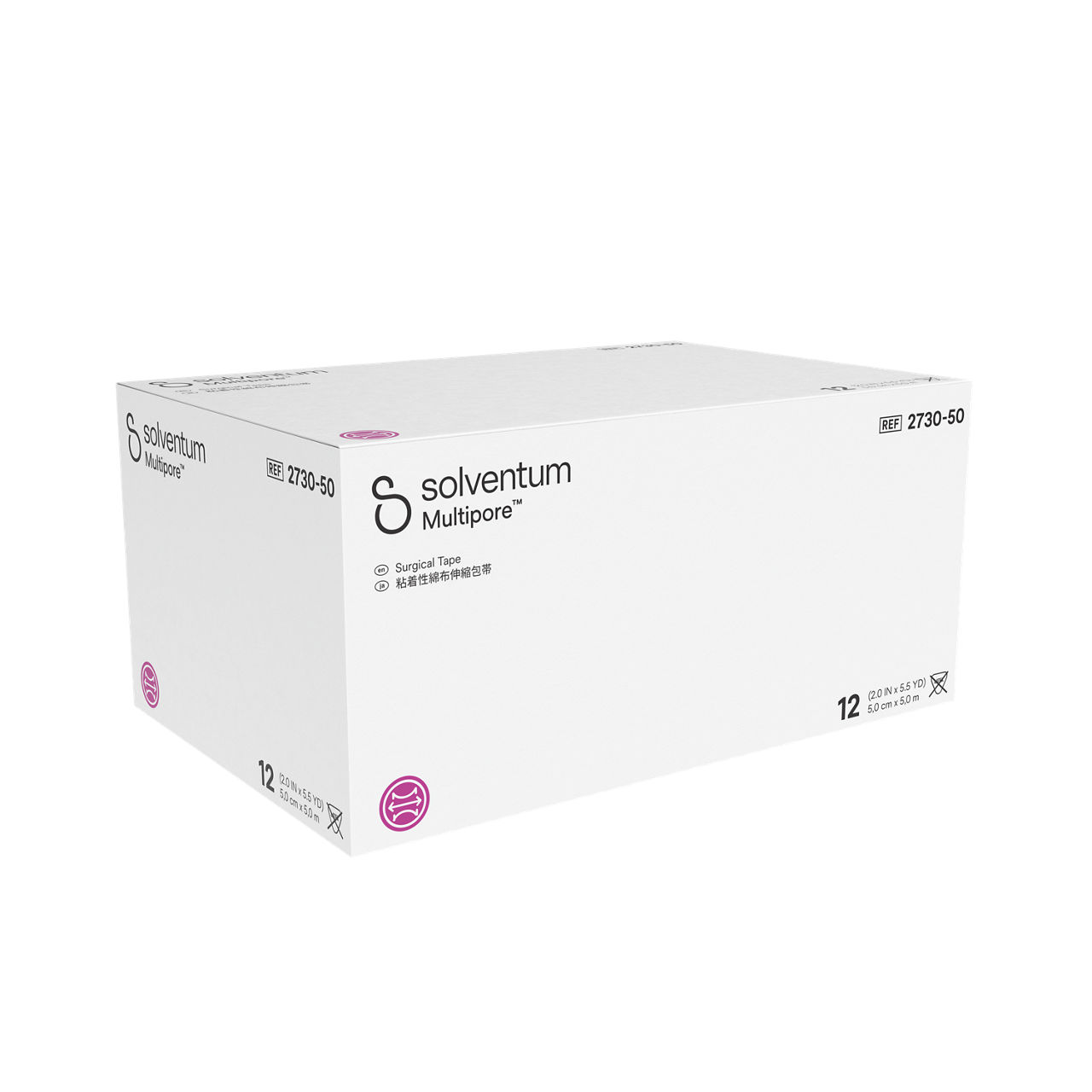 Solventum™ Multipore™ Surgical Tape, 2730-50, 2 in x 5.5 yd (50 mm x 5 m), 12/CAR, 4 CAR/CS, 48/CS - Front, Left, In Packaging (1L1)