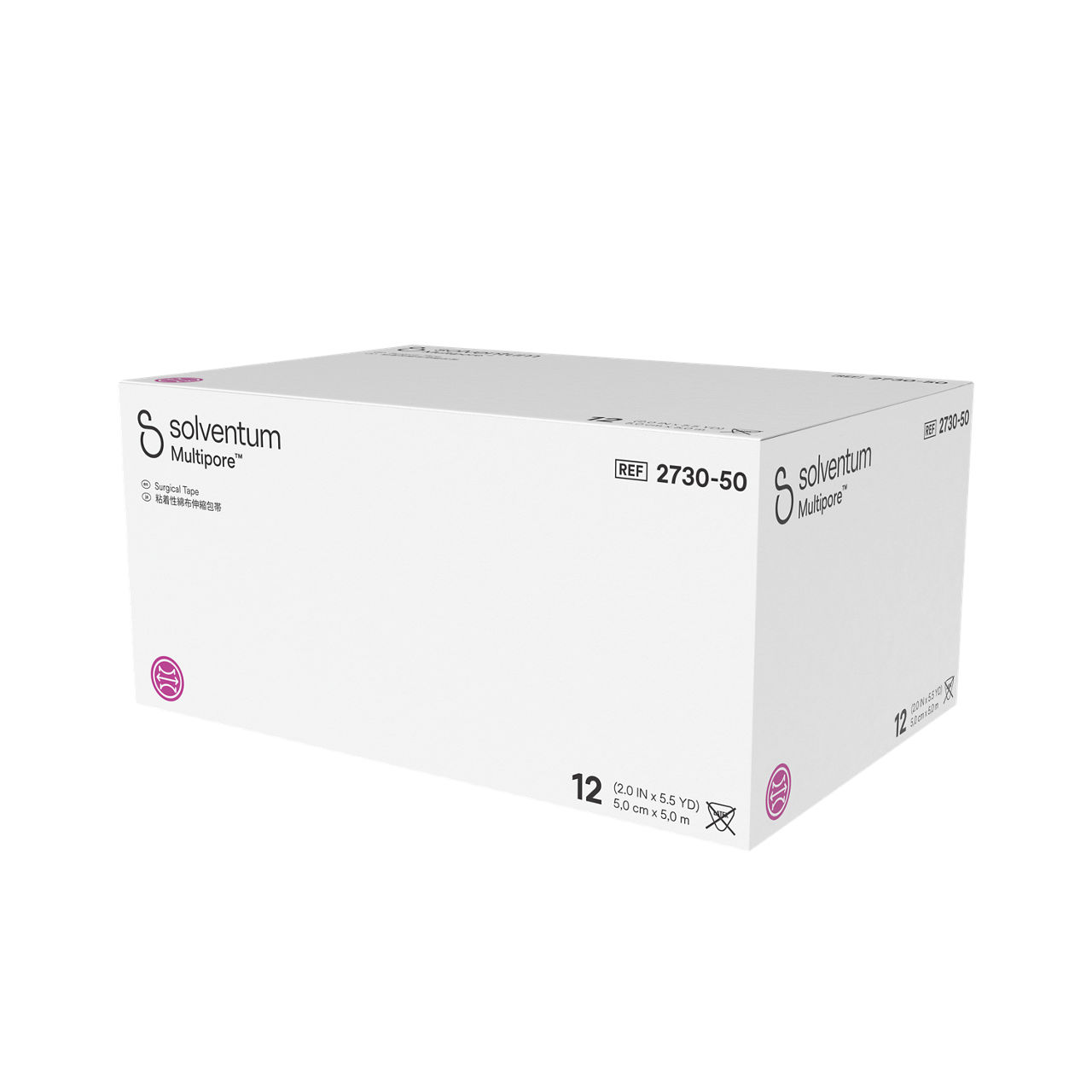 Solventum™ Multipore™ Surgical Tape, 2730-50, 2 in x 5.5 yd (50 mm x 5 m), 12/CAR, 4 CAR/CS, 48/CS - Front, Right, In Packaging (1R1)