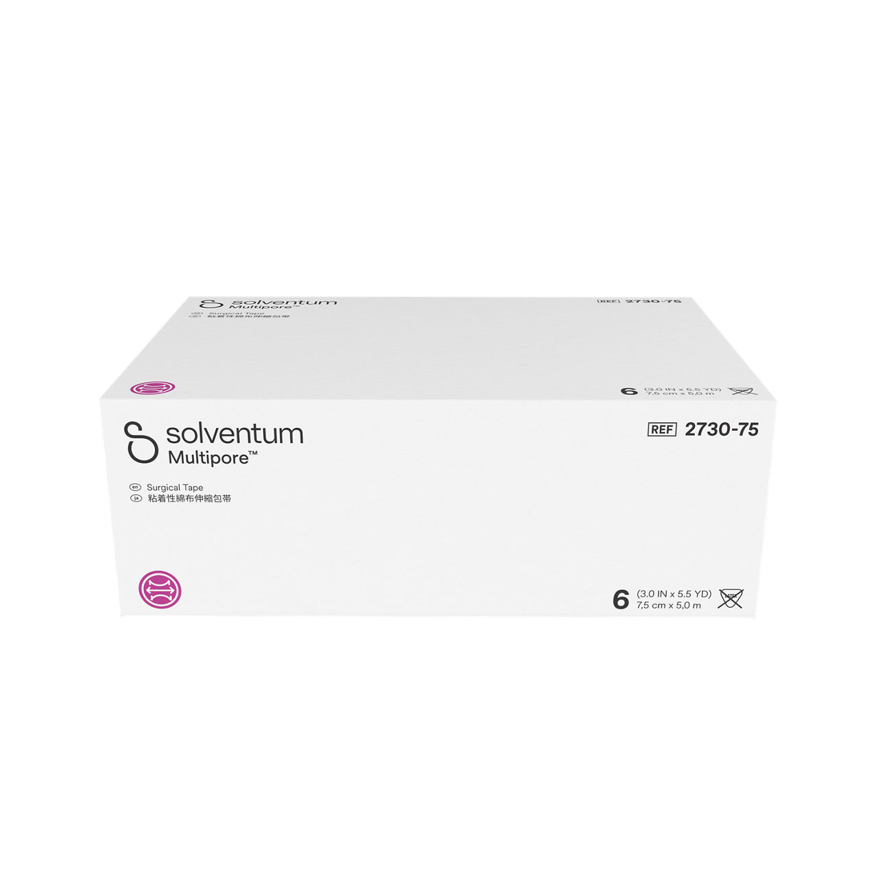 Solventum™ Multipore™ Surgical Tape, 2730-75, 3 in x 5.5 yd (75 mm x 5 m), 6/CAR, 4 CAR/CS, 24/CS - Front, Center, In Packaging (1C1)