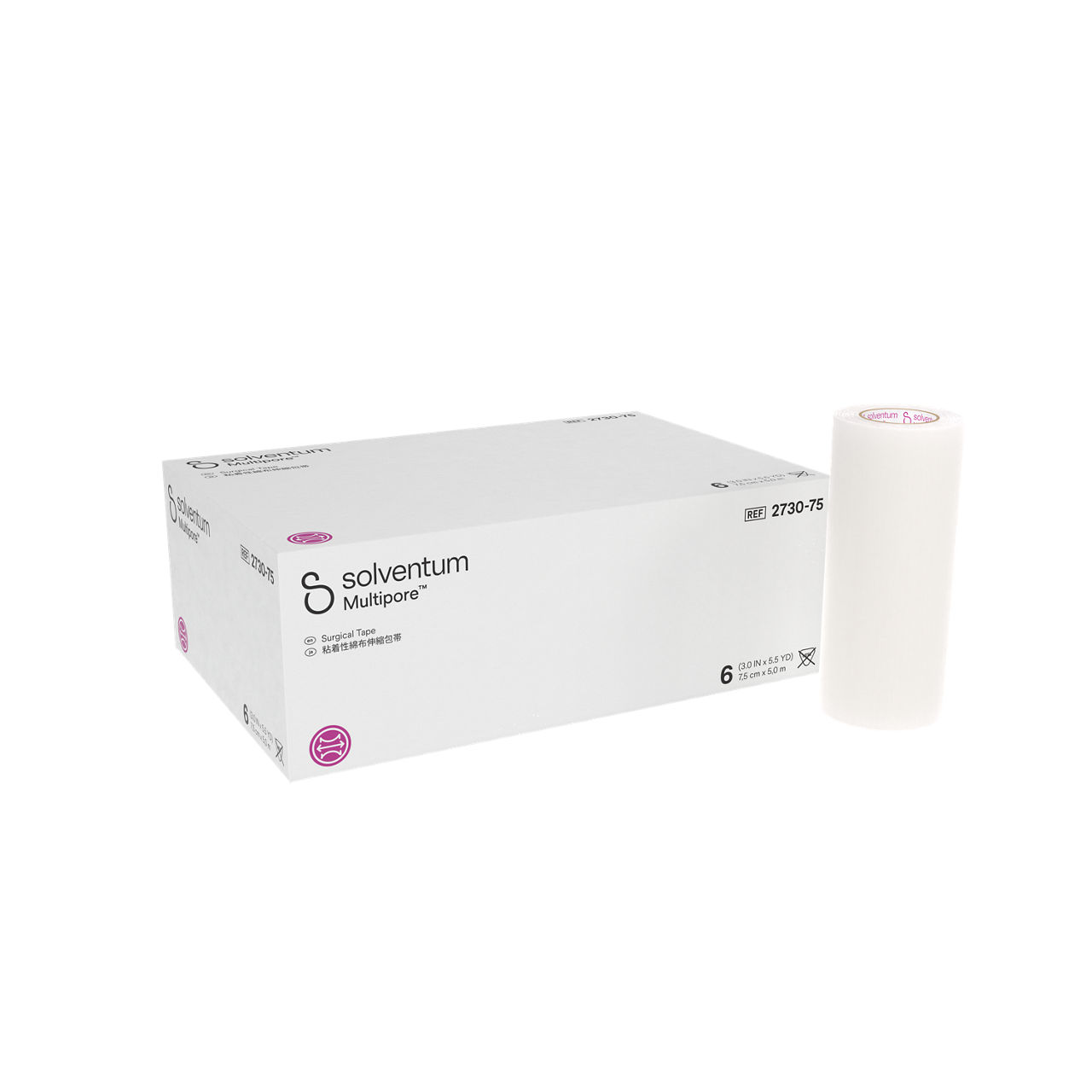 Solventum™ Multipore™ Surgical Tape, 2730-75, 3 in x 5.5 yd (75 mm x 5 m), 6/CAR, 4 CAR/CS, 24/CS - Front, Left, In and Out of Packaging (1L10)