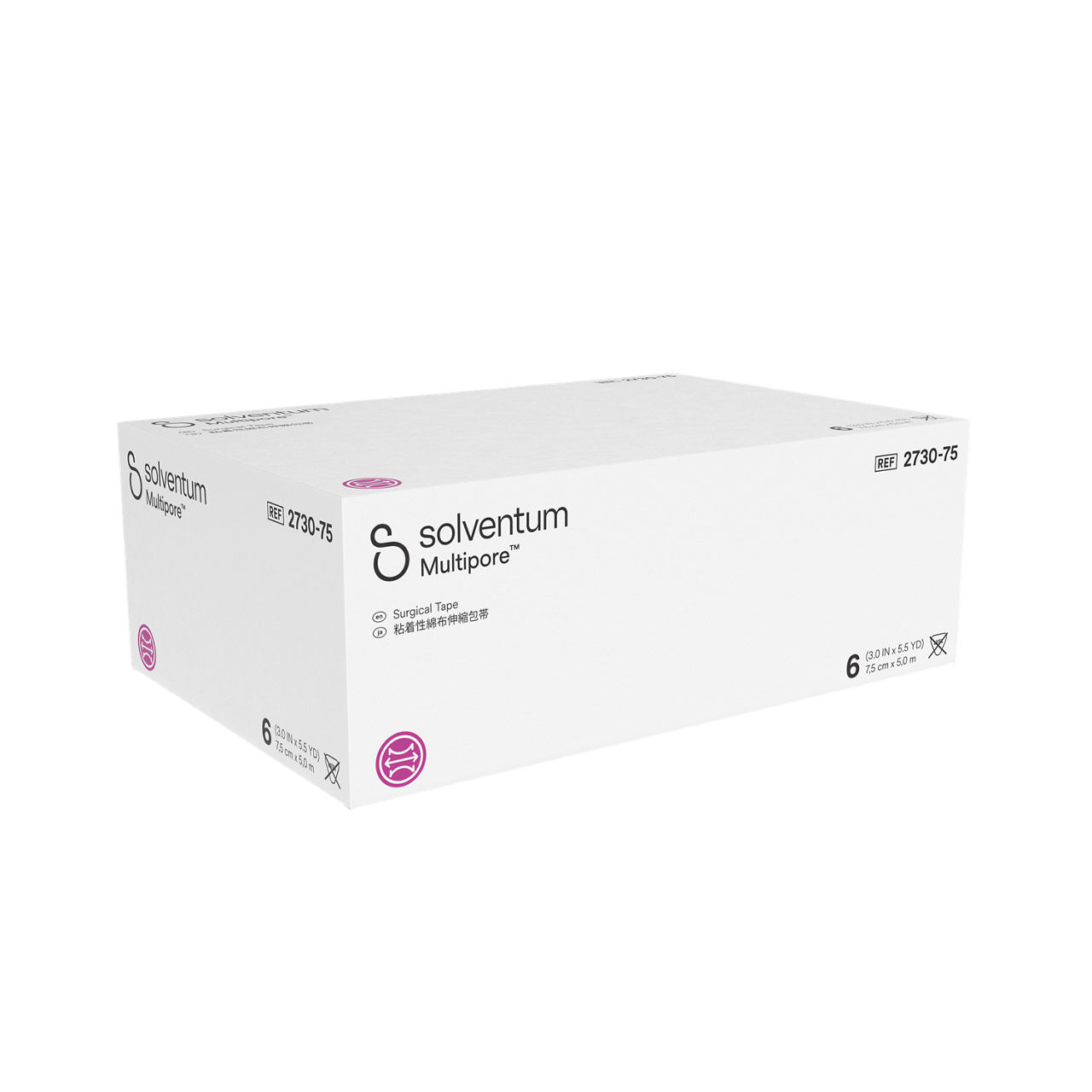 Solventum™ Multipore™ Surgical Tape, 2730-75, 3 in x 5.5 yd (75 mm x 5 m), 6/CAR, 4 CAR/CS, 24/CS - Front, Left, In Packaging (1L1)