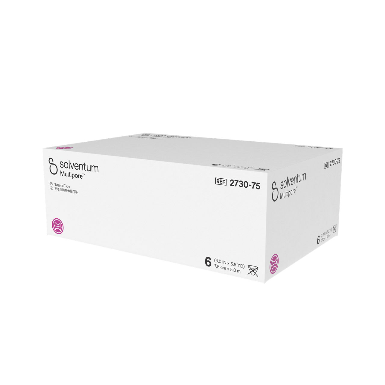 Solventum™ Multipore™ Surgical Tape, 2730-75, 3 in x 5.5 yd (75 mm x 5 m), 6/CAR, 4 CAR/CS, 24/CS - Front, Right, In Packaging (1R1)
