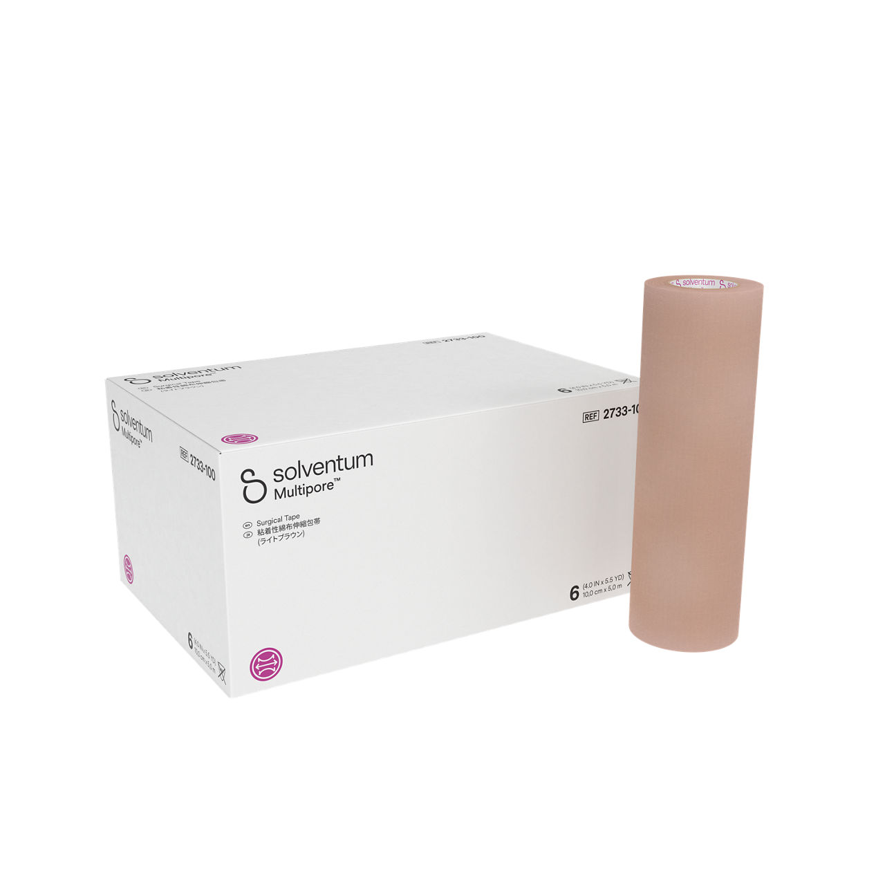 Solventum™ Multipore™ Surgical Tape, 2733-100, 4 in x 5.5 yd (100 mm x 5 m), 6/CAR, 4 CAR/CS, 24/CS - Front, Left, In and Out of Packaging (1L10)