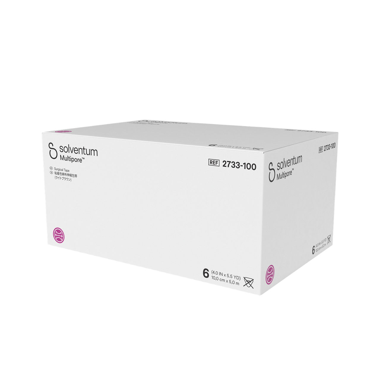 Solventum™ Multipore™ Surgical Tape, 2733-100, 4 in x 5.5 yd (100 mm x 5 m), 6/CAR, 4 CAR/CS, 24/CS - Front, Right, In Packaging (1R1)