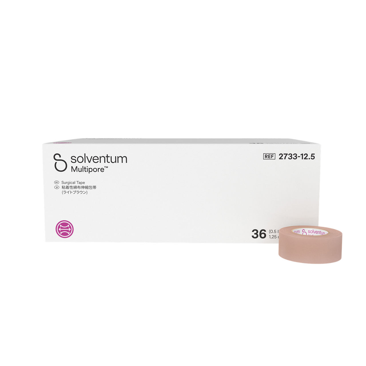 Solventum™ Multipore™ Surgical Tape, 2733-12.5, 0.5 in x 5.5 yd (12.5 mm x 5 m), 36/CAR, 4 CAR/CS, 144/CS - Front, Center, In and Out of Packaging (1C10)