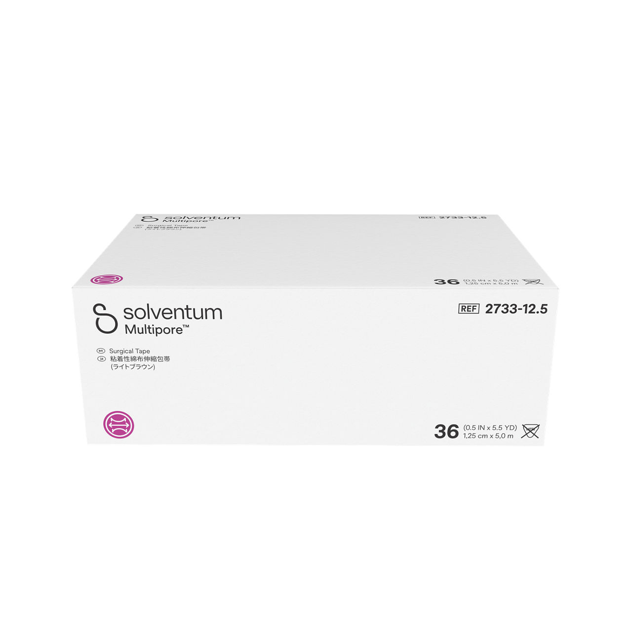 Solventum™ Multipore™ Surgical Tape, 2733-12.5, 0.5 in x 5.5 yd (12.5 mm x 5 m), 36/CAR, 4 CAR/CS, 144/CS - Front, Center, In Packaging (1C1)