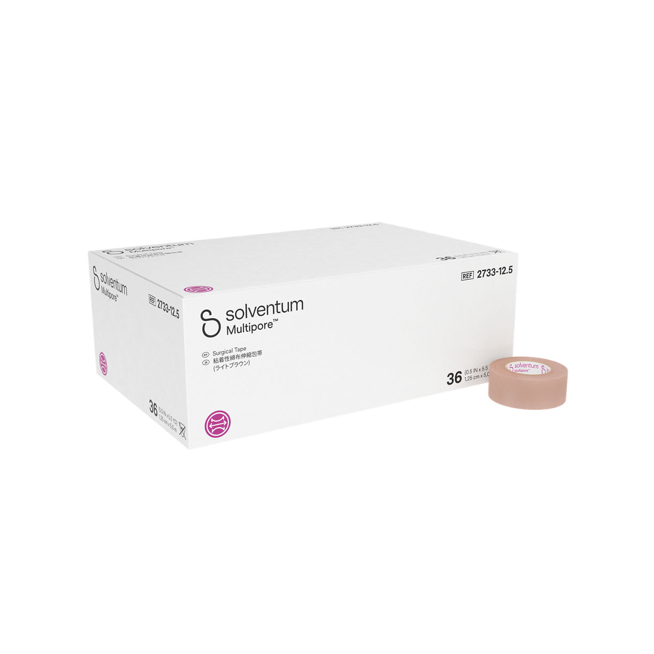 Solventum™ Multipore™ Surgical Tape, 2733-12.5, 0.5 in x 5.5 yd (12.5 mm x 5 m), 36/CAR, 4 CAR/CS, 144/CS - Front, Left, In and Out of Packaging (1L10)