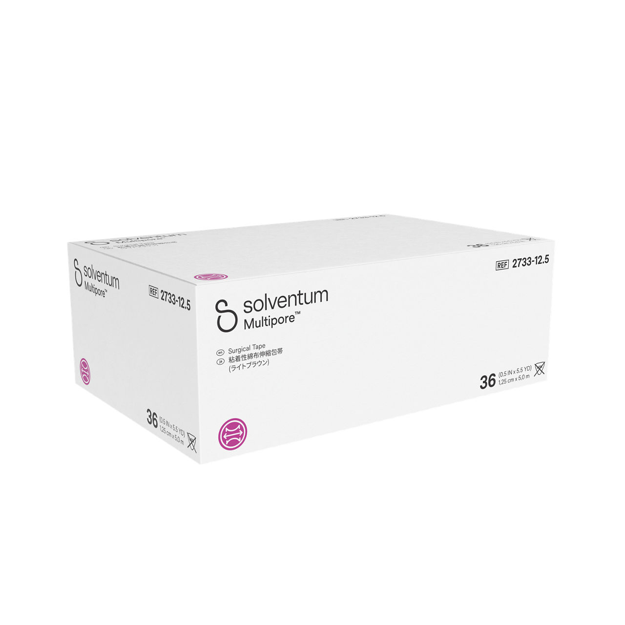 Solventum™ Multipore™ Surgical Tape, 2733-12.5, 0.5 in x 5.5 yd (12.5 mm x 5 m), 36/CAR, 4 CAR/CS, 144/CS - Front, Left, In Packaging (1L1)