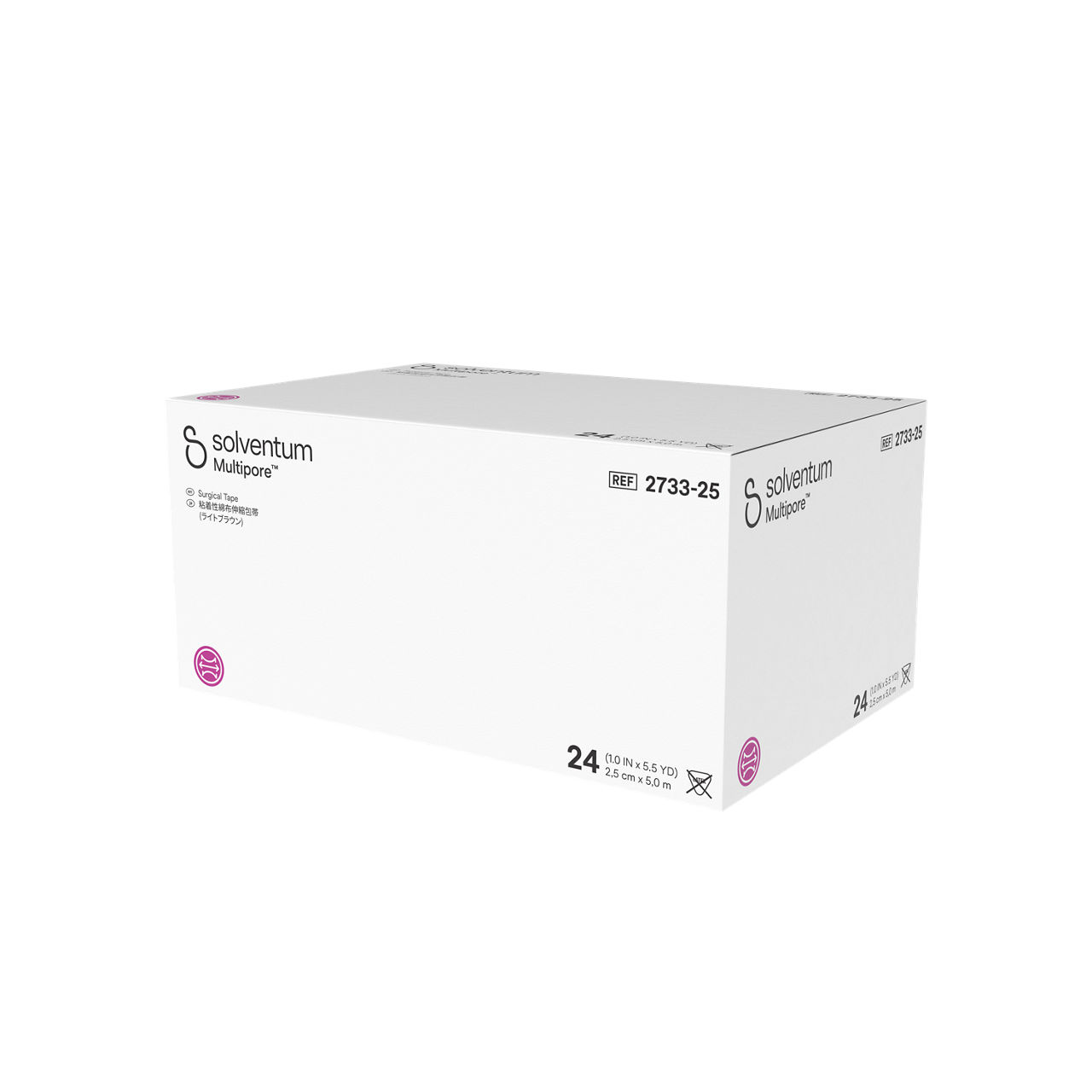 Solventum™ Multipore™ Surgical Tape, 2733-25, 1 in x 5.5 yd (25 mm x 5 m), 24/CAR, 4 CAR/CS, 96/CS - Front, Right, In Packaging (1R1)