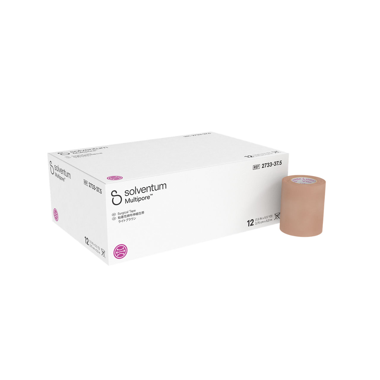 Solventum™ Multipore™ Surgical Tape, 2733-37.5, 1.5 in x 5.5 yd  (37.5mm x 5 m), 12/CAR, 4 CAR/CS, 48/CS - Front, Left, In and Out of Packaging (1L10)