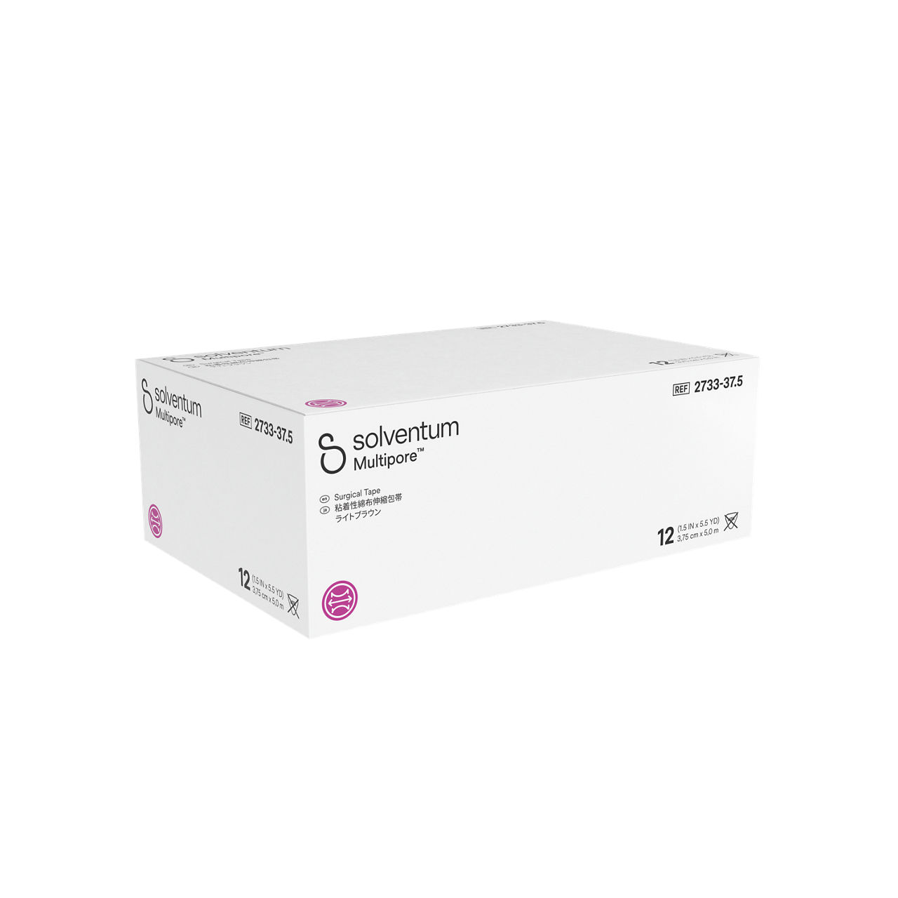Solventum™ Multipore™ Surgical Tape, 2733-37.5, 1.5 in x 5.5 yd  (37.5mm x 5 m), 12/CAR, 4 CAR/CS, 48/CS - Front, Left, In Packaging (1L1)