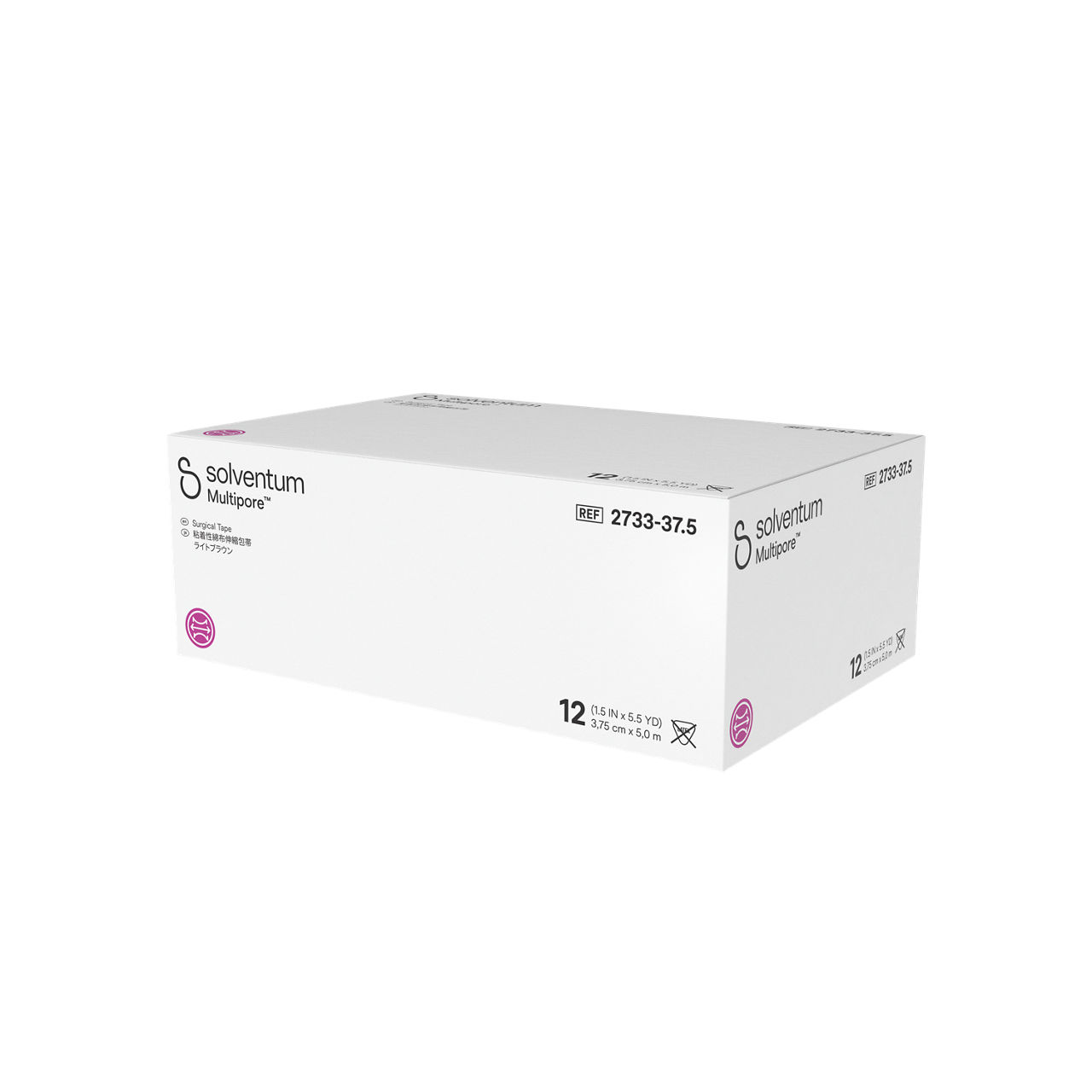 Solventum™ Multipore™ Surgical Tape, 2733-37.5, 1.5 in x 5.5 yd  (37.5mm x 5 m), 12/CAR, 4 CAR/CS, 48/CS - Front, Right, In Packaging (1R1)