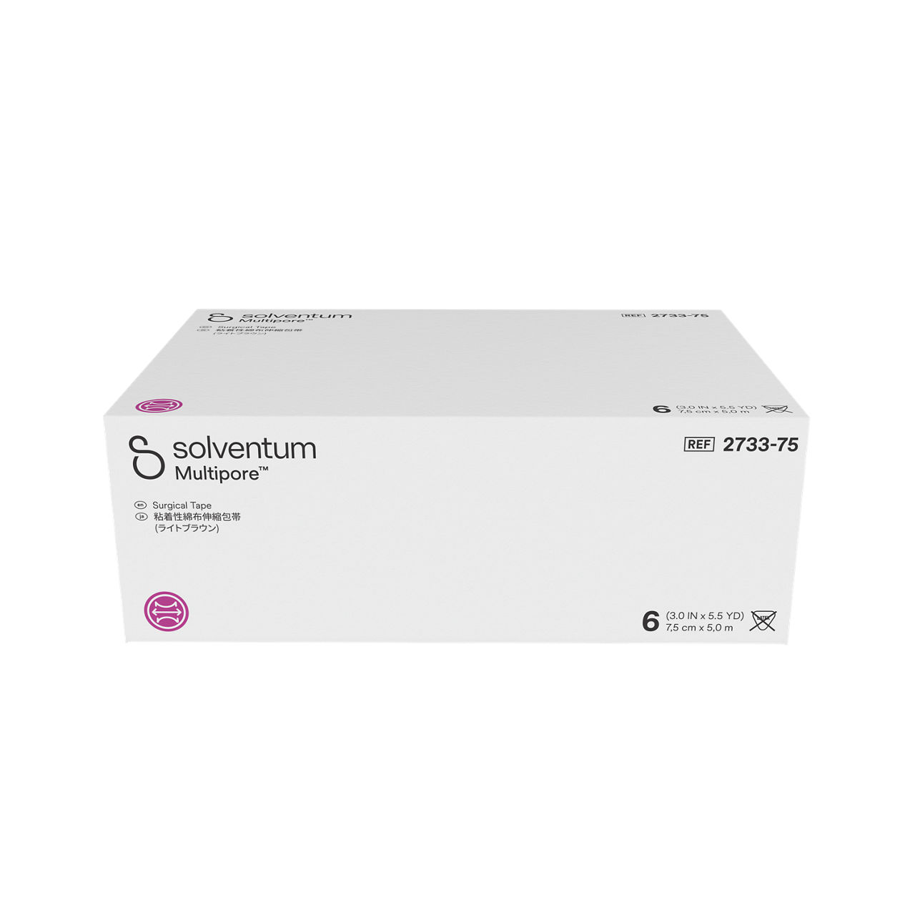 Solventum™ Multipore™ Surgical Tape, 2733-75, 3 in x 5.5 yd (75 mm x 5 m), 6/CAR, 4 CAR/CS, 24/CS - Front, Center, In Packaging (1C1)