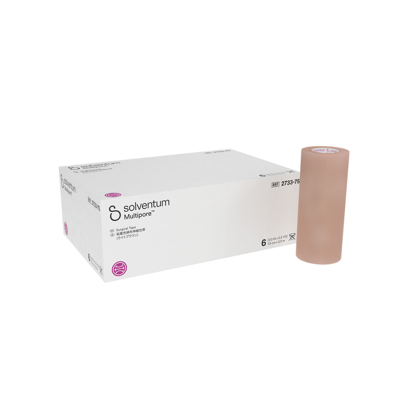 Solventum™ Multipore™ Surgical Tape, 2733-75, 3 in x 5.5 yd (75 mm x 5 m), 6/CAR, 4 CAR/CS, 24/CS - Front, Left, In and Out of Packaging (1L10)