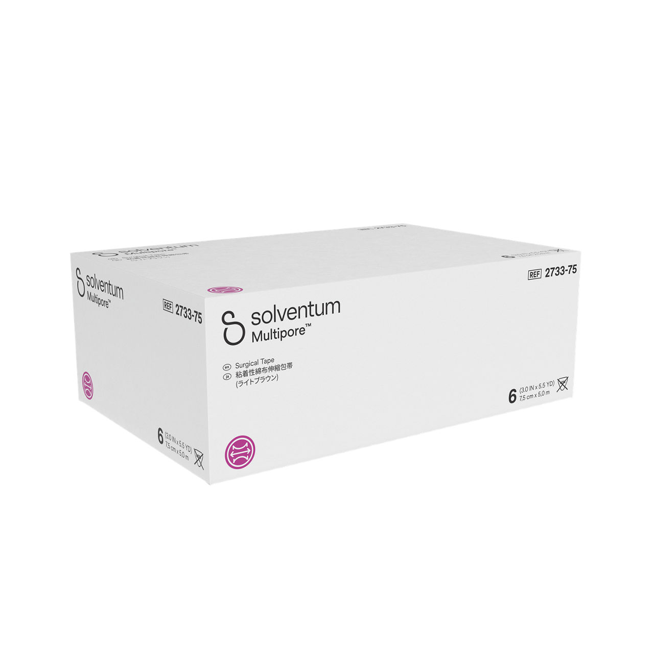 Solventum™ Multipore™ Surgical Tape, 2733-75, 3 in x 5.5 yd (75 mm x 5 m), 6/CAR, 4 CAR/CS, 24/CS - Front, Left, In Packaging (1L1)