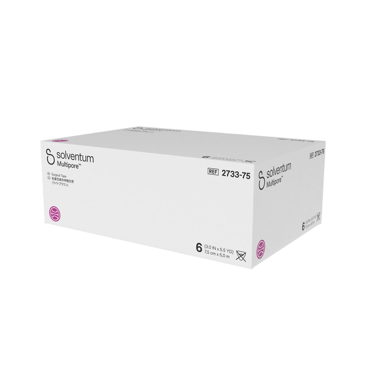 Solventum™ Multipore™ Surgical Tape, 2733-75, 3 in x 5.5 yd (75 mm x 5 m), 6/CAR, 4 CAR/CS, 24/CS - Front, Right, In Packaging (1R1)