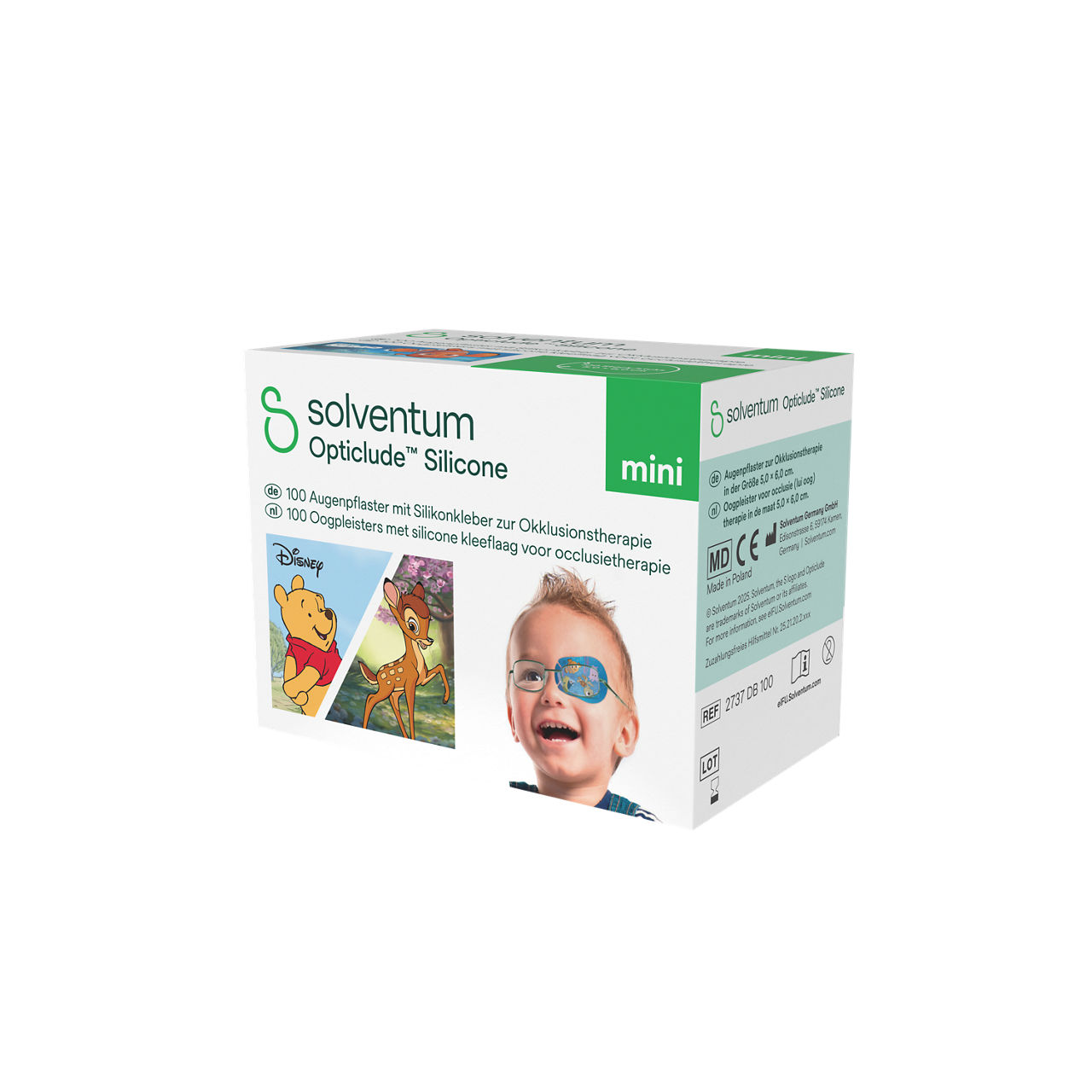 Solventum™ Opticlude™ Silicone Eye Patches with Silicone Adhesive for Occlusion Therapy, 2737 DB 100, Mini, 5 cm x 6 cm, 100/CAR - Front, Right, In Packaging (1R1)