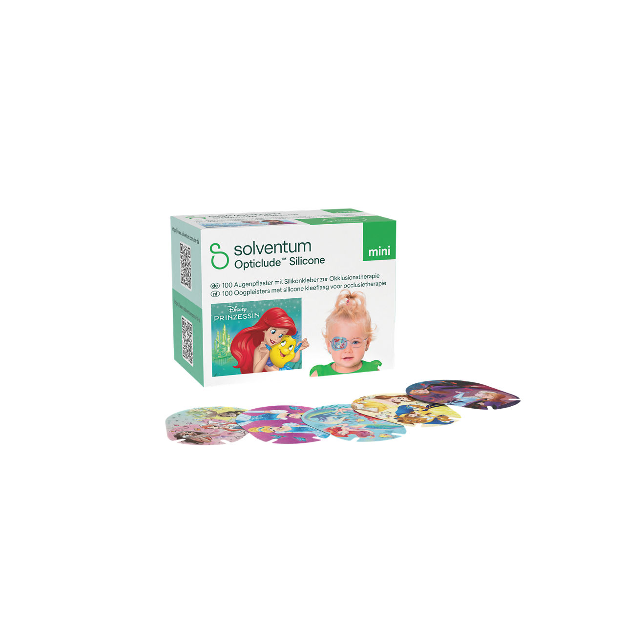 Solventum™ Opticlude™ Silicone Eye Patches with Silicone Adhesive for Occlusion Therapy, 2737 DG 100, Mini, 5 cm x 6 cm, 100/CAR - Front, Left, In and Out of Packaging (1L10)