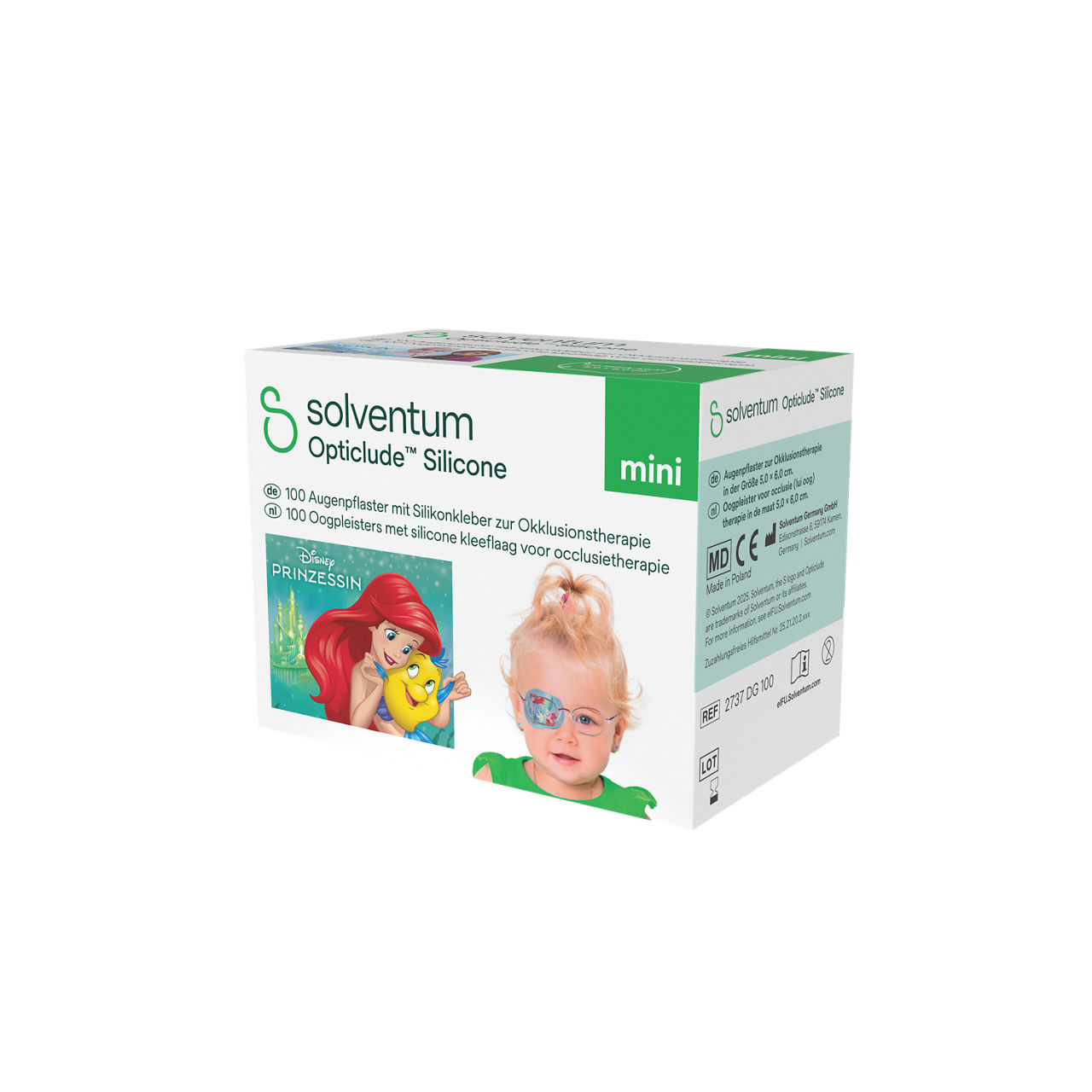Solventum™ Opticlude™ Silicone Eye Patches with Silicone Adhesive for Occlusion Therapy, 2737 DG 100, Mini, 5 cm x 6 cm, 100/CAR - Front, Right, In Packaging (1R1)