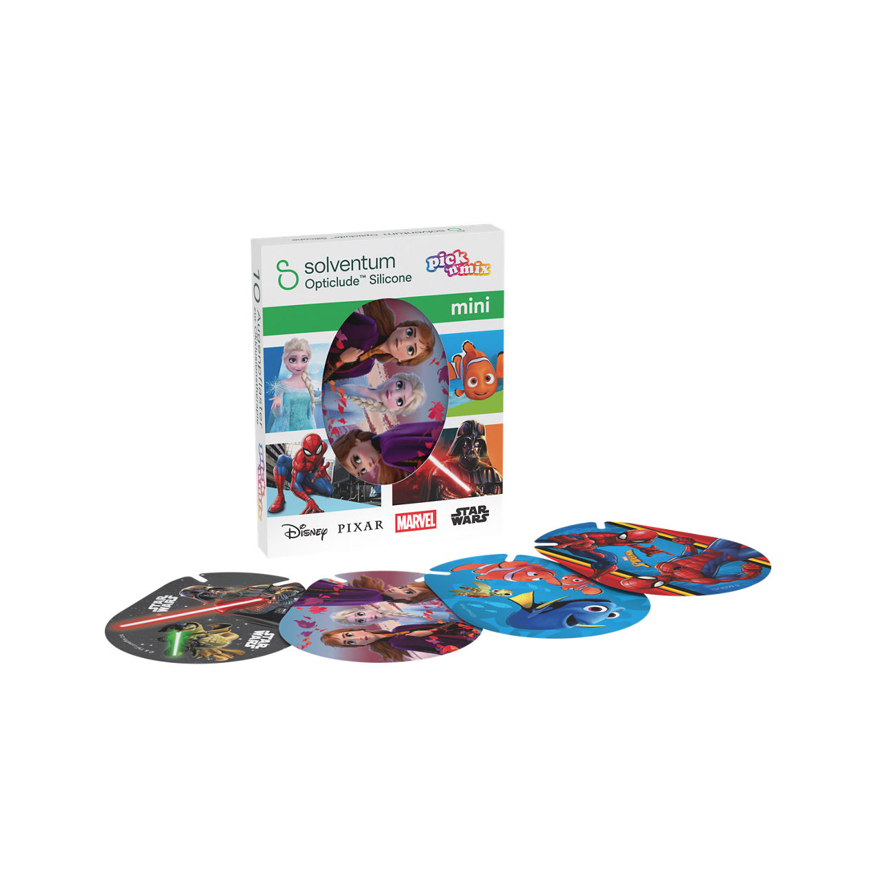 Solventum™ Opticlude™ Silicone Pick'n'Mix Eye Patches for Occlusion Therapy, 2737 MP 10, Mini, 5 cm x 6 cm, 10/CAR - Front, Left, In and Out of Packaging (1L10)