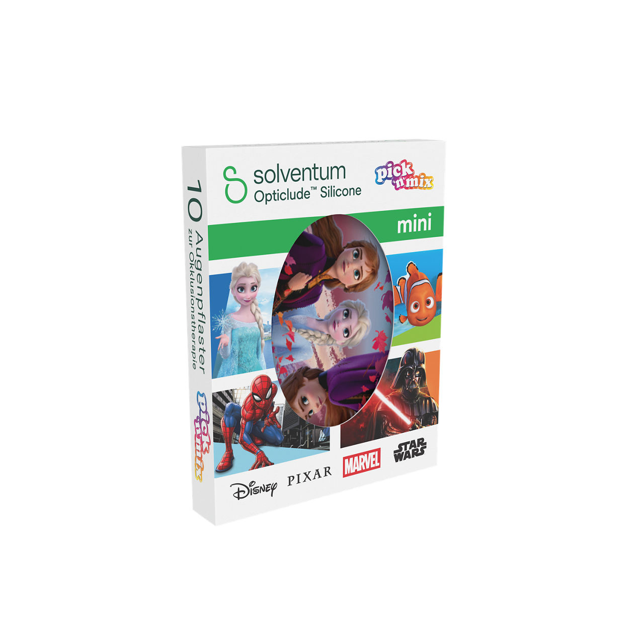 Solventum™ Opticlude™ Silicone Pick'n'Mix Eye Patches for Occlusion Therapy, 2737 MP 10, Mini, 5 cm x 6 cm, 10/CAR - Front, Left, In Packaging (1L1)