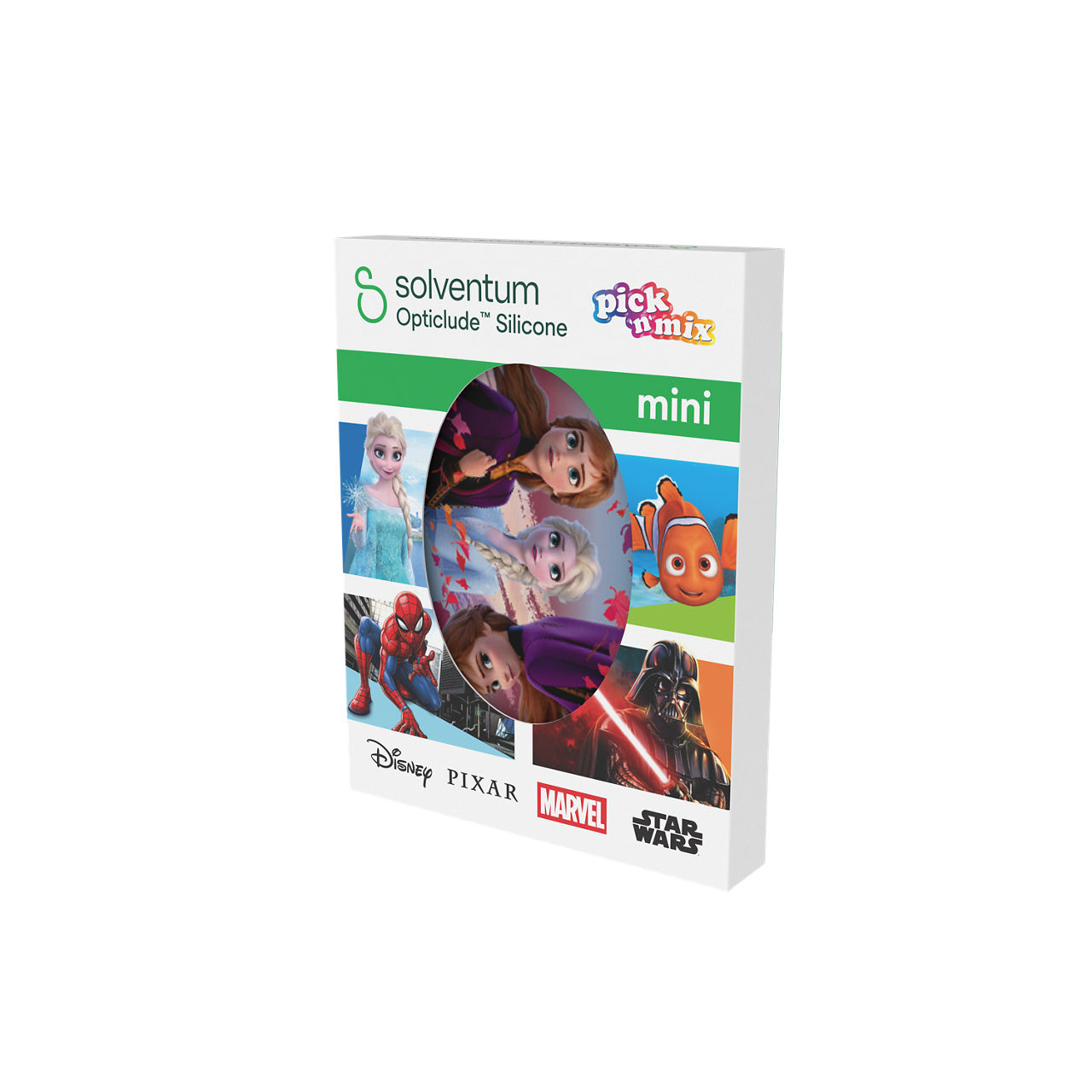 Solventum™ Opticlude™ Silicone Pick'n'Mix Eye Patches for Occlusion Therapy, 2737 MP 10, Mini, 5 cm x 6 cm, 10/CAR - Front, Right, In Packaging (1R1)