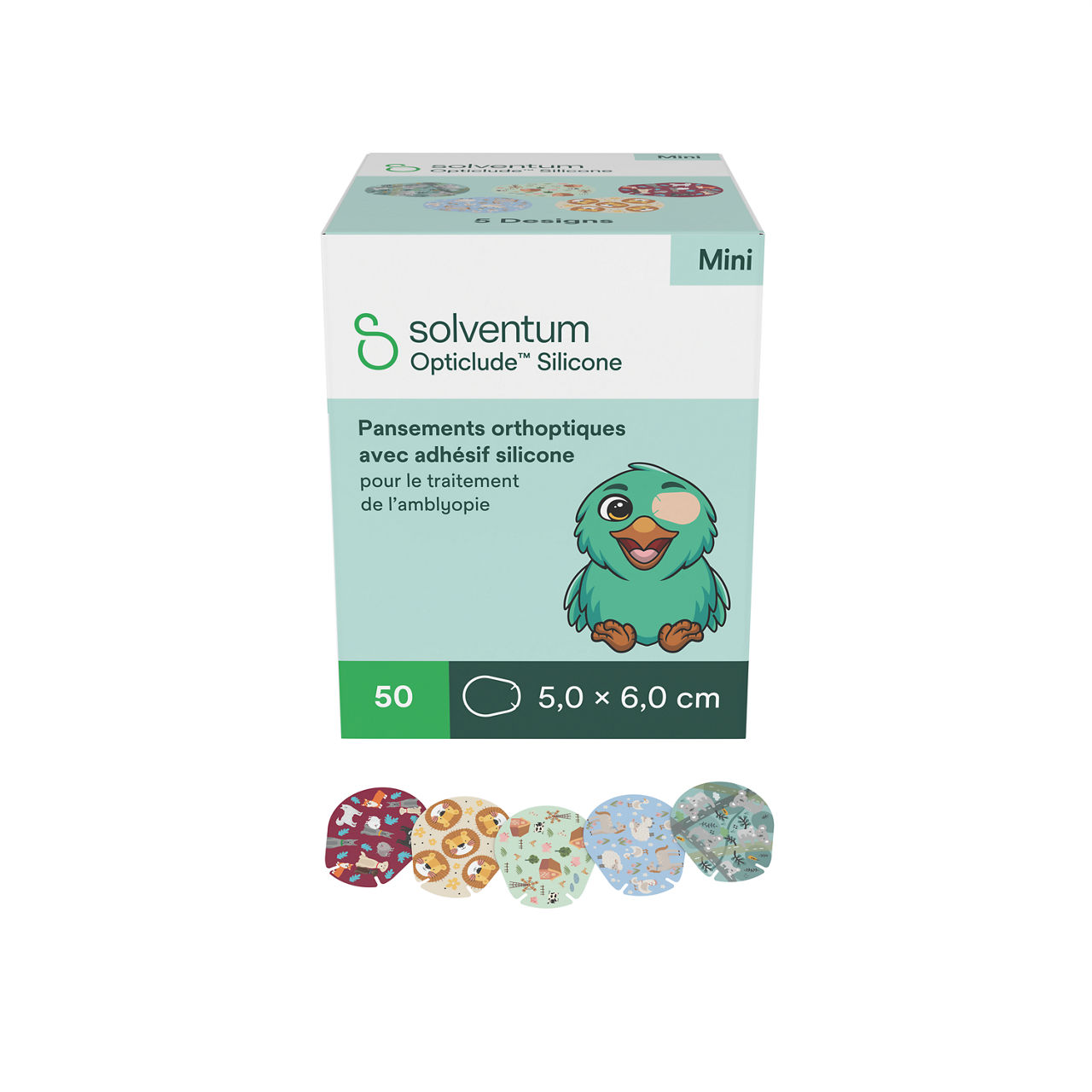 Solventum™ Opticlude™ Orthoptic Eye Patches, 2737 PB 50, Mini, Silicone, 50/PAC, 12 PAC/CS, 600/CS - Front, Left, In and Out of Packaging (1C10)