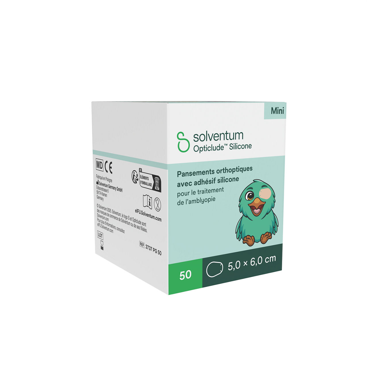 Solventum™ Opticlude™ Orthoptic Eye Patches, 2737 PG 50, Mini, Silicone, 50/PAC, 12 PAC/CS, 600/CS - Front, Left, In Packaging (1L1)