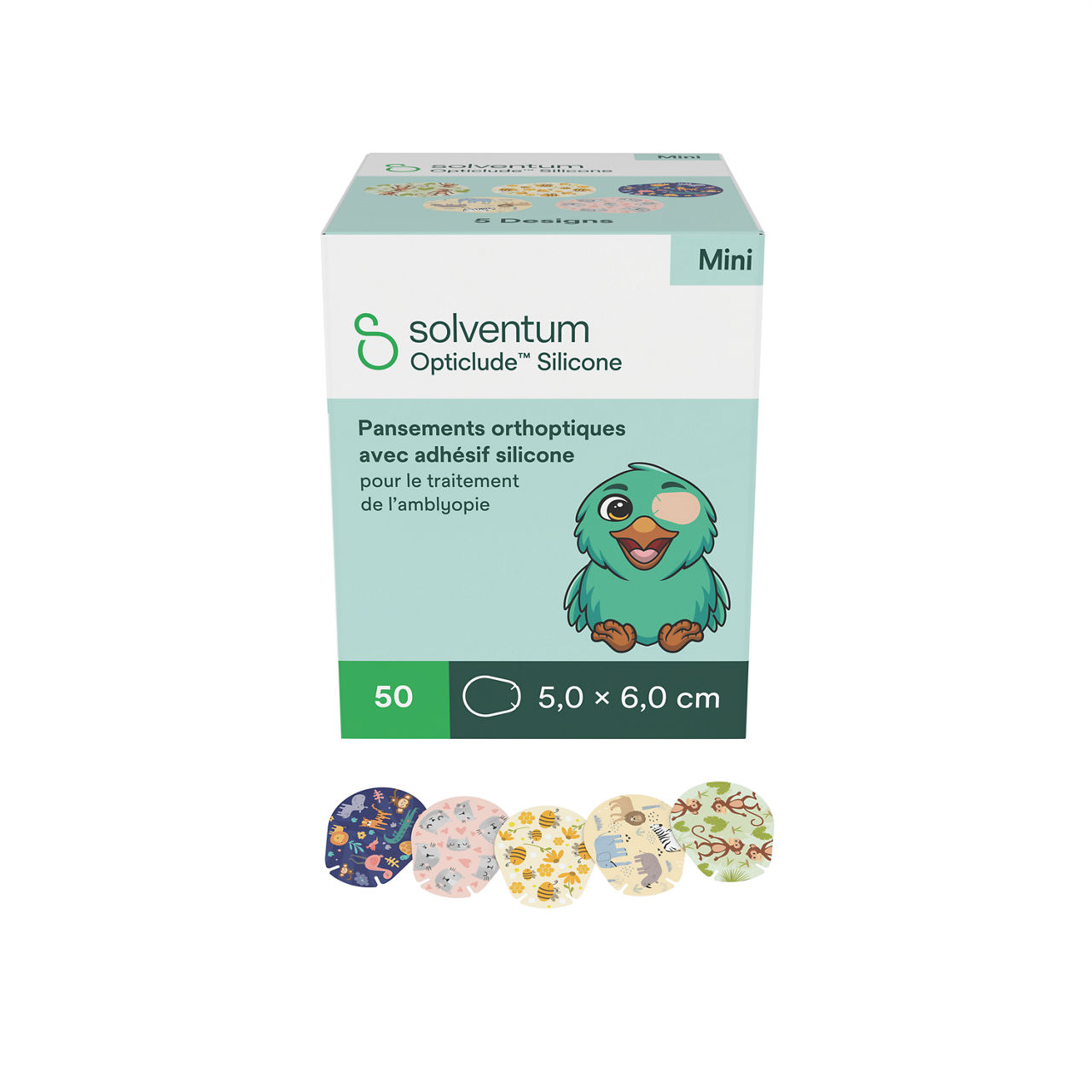 Solventum™ Opticlude™ Orthoptic Eye Patches, 2737 PG 50, Silicone, Mini, 50/PAC, 12 PAC/CS, 600/CS - Front, Left, In and Out of Packaging (1C10)