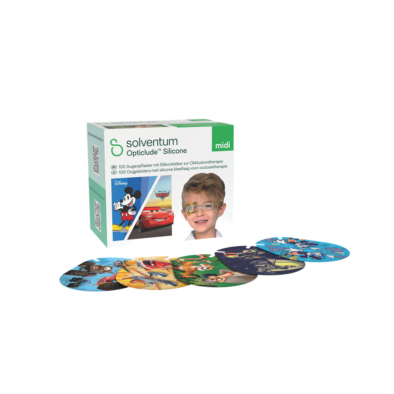 Solventum™ Opticlude™ Silicone Eye Patches with Silicone Adhesive for Occlusion Therapy, 2738 DB 100, Midi, 5,3 cm x 7 cm, 100/CAR - Front, Left, In and Out of Packaging (1L10)